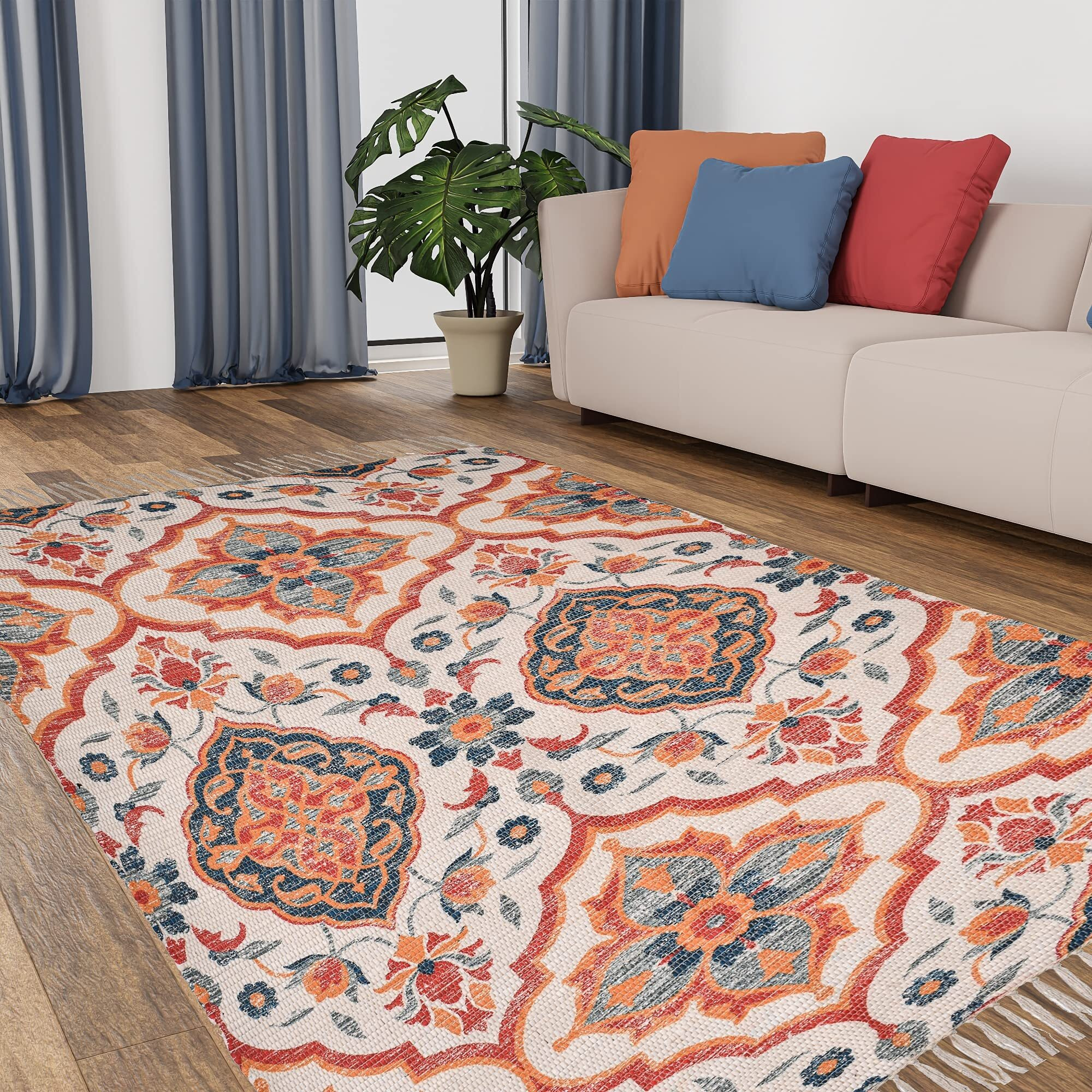 HOMA DORN Handmade Sustainable Printed Modern Dhurrie/Rugs/Carpet Recycled Fabric for Living Room/Bedside Runner for Enhanced Decor (3 feet x 5 feet)