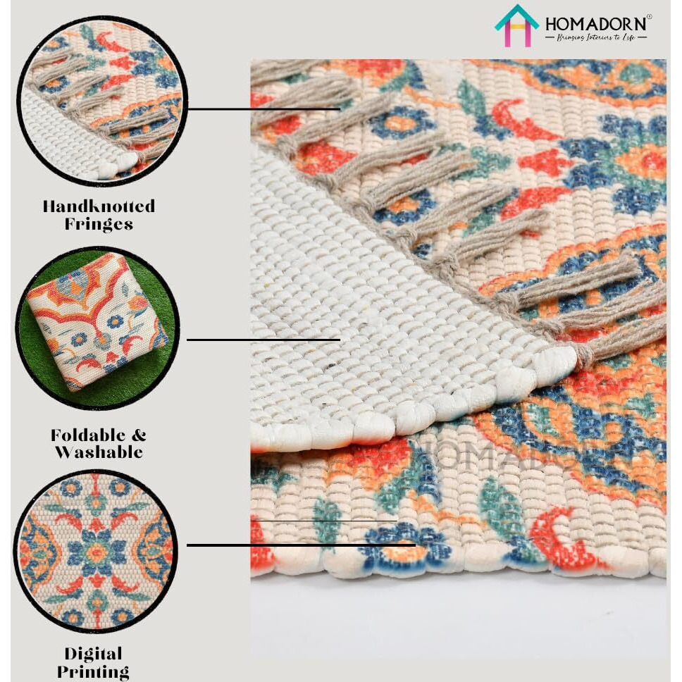 HOMA DORN Handmade Sustainable Printed Modern Dhurrie/Rugs/Carpet Recycled Fabric for Living Room/Bedside Runner for Enhanced Decor (3 feet x 5 feet)