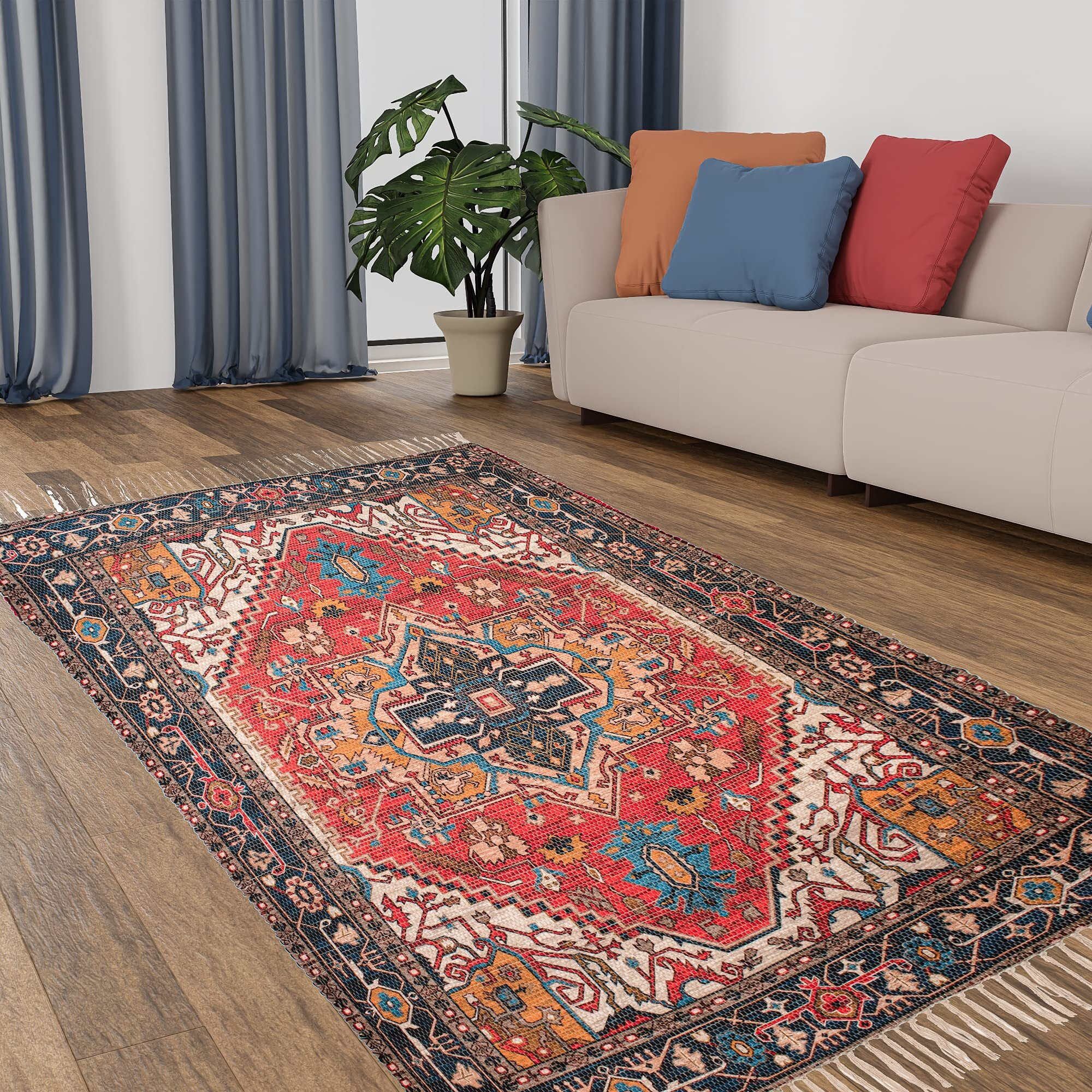 HOMA DORN Handmade Sustainable Printed Modern Dhurrie/Rugs/Carpet Recycled Fabric for Living Room/Bedside Runner for Enhanced Decor (3 feet x 5 feet)