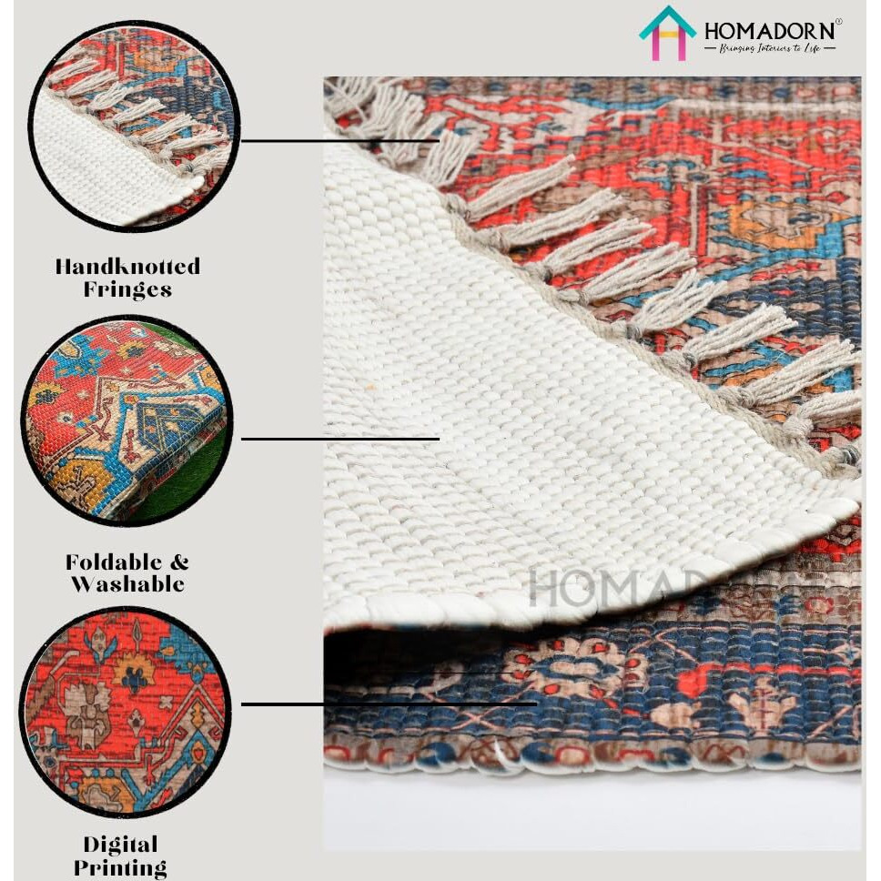 HOMA DORN Handmade Sustainable Printed Modern Dhurrie/Rugs/Carpet Recycled Fabric for Living Room/Bedside Runner for Enhanced Decor (3 feet x 5 feet)
