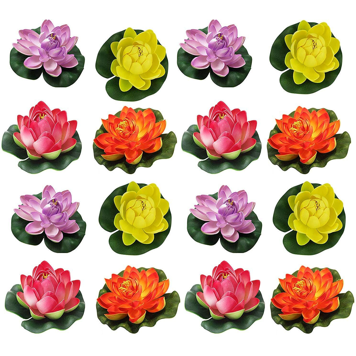 TIED RIBBONS 16 Pcs Artificial Floating Lotus Floating Flowers with Rubber Leaf - (Multi) Artificial Flowers for Water Decoration Urli Aquarium Fountain Home Decor Office Pooja Room Wedding Birthday
