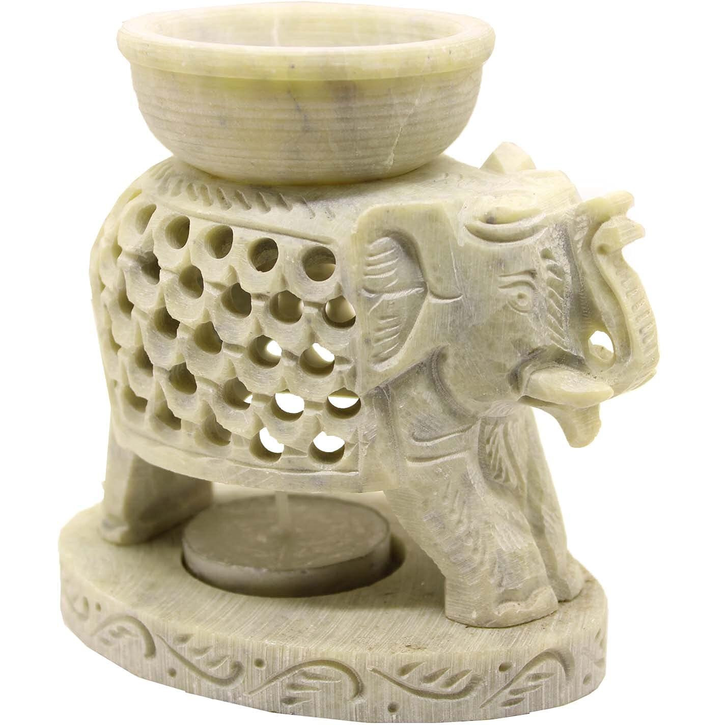 KC KULLICRAFT Marble Soapstone Aroma Candle Diffuser Oil Burner Tea Light Holder Handcrafted Elephant Trunk Up Carving for Home and Office Decor.