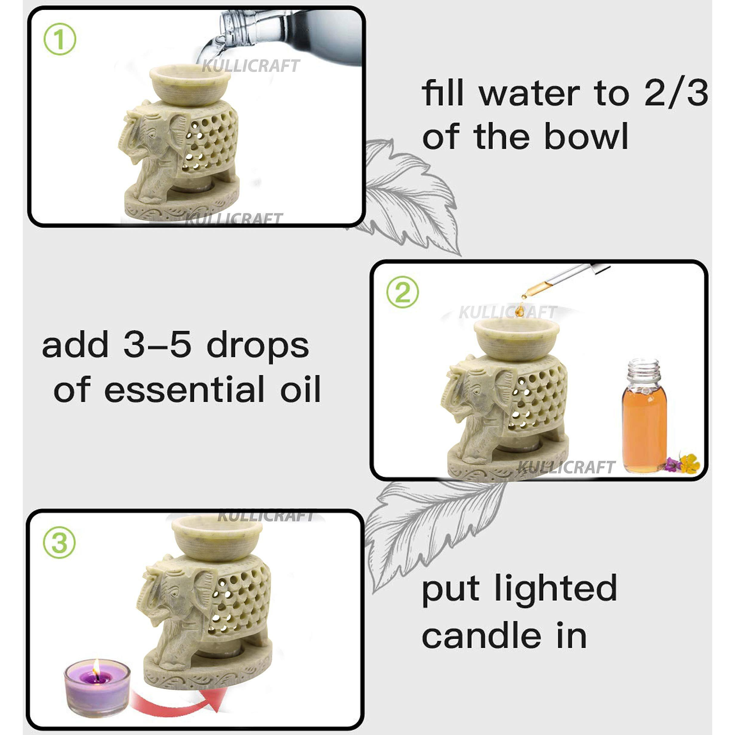 KC KULLICRAFT Marble Soapstone Aroma Candle Diffuser Oil Burner Tea Light Holder Handcrafted Elephant Trunk Up Carving for Home and Office Decor.