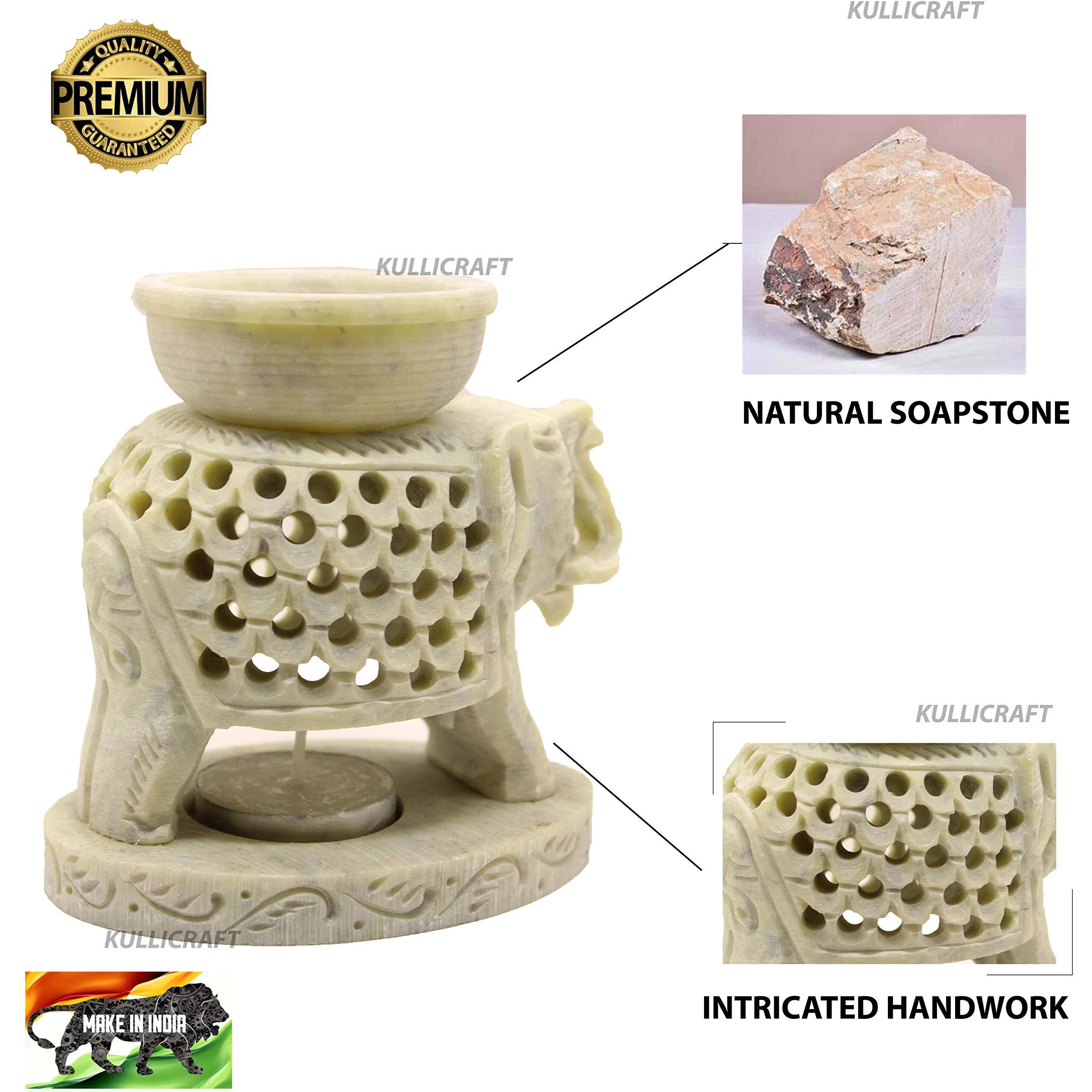 KC KULLICRAFT Marble Soapstone Aroma Candle Diffuser Oil Burner Tea Light Holder Handcrafted Elephant Trunk Up Carving for Home and Office Decor.