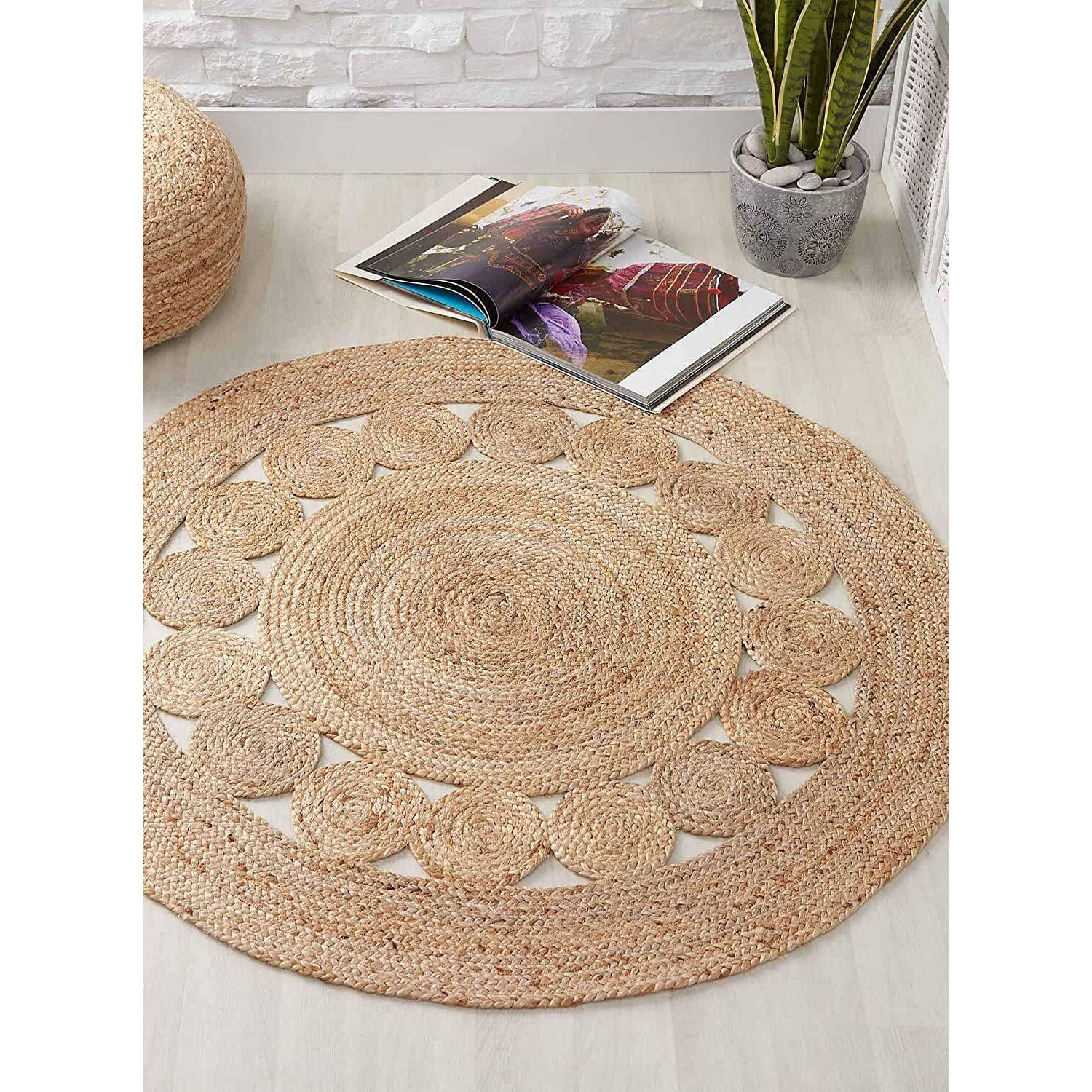 Fernish Decor Handwoven Jute Round Rug Carpet, Natural Fibres, Braided Reversible Carpet for Bedroom Living Room Dining Room (121 CM Round)