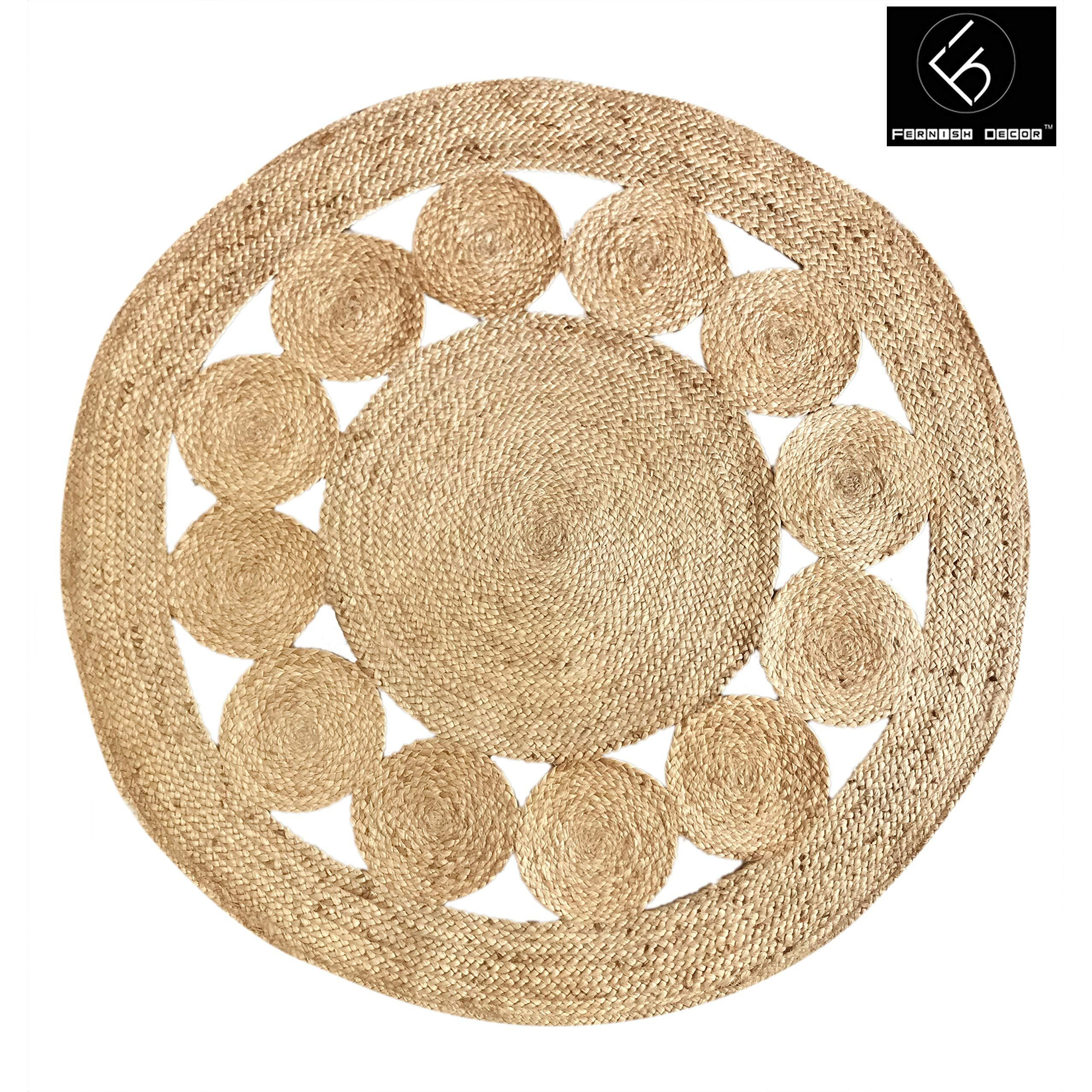 Fernish Decor Handwoven Jute Round Rug Carpet, Natural Fibres, Braided Reversible Carpet for Bedroom Living Room Dining Room (121 CM Round)