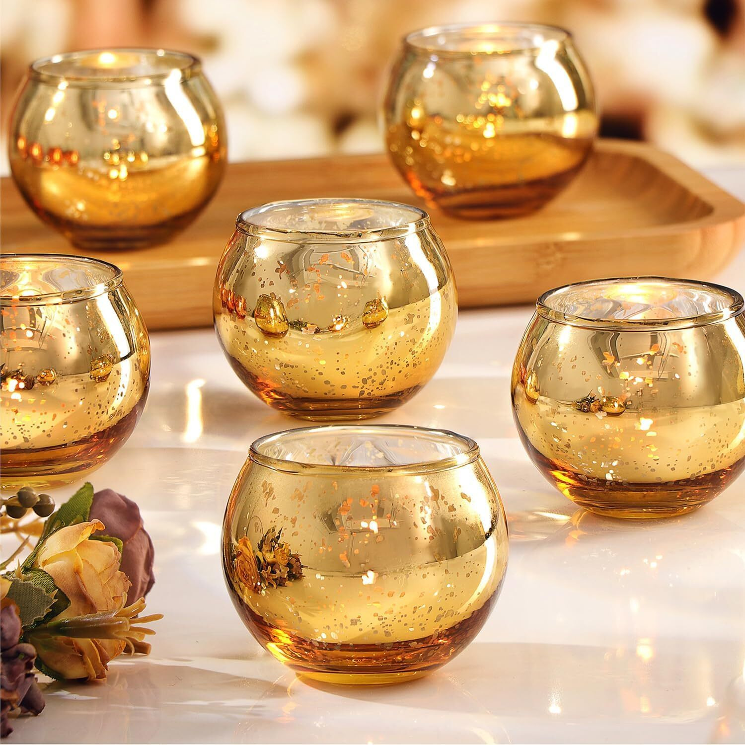 The Purple Tree Mercury Glass Mosaic Tealight Candle Holders for Diwali Christmas (Pack of 2, Gold), Diwali Tealight, Corporate Gifts, Home Decor Gift Item, Diwali Candle Decoration