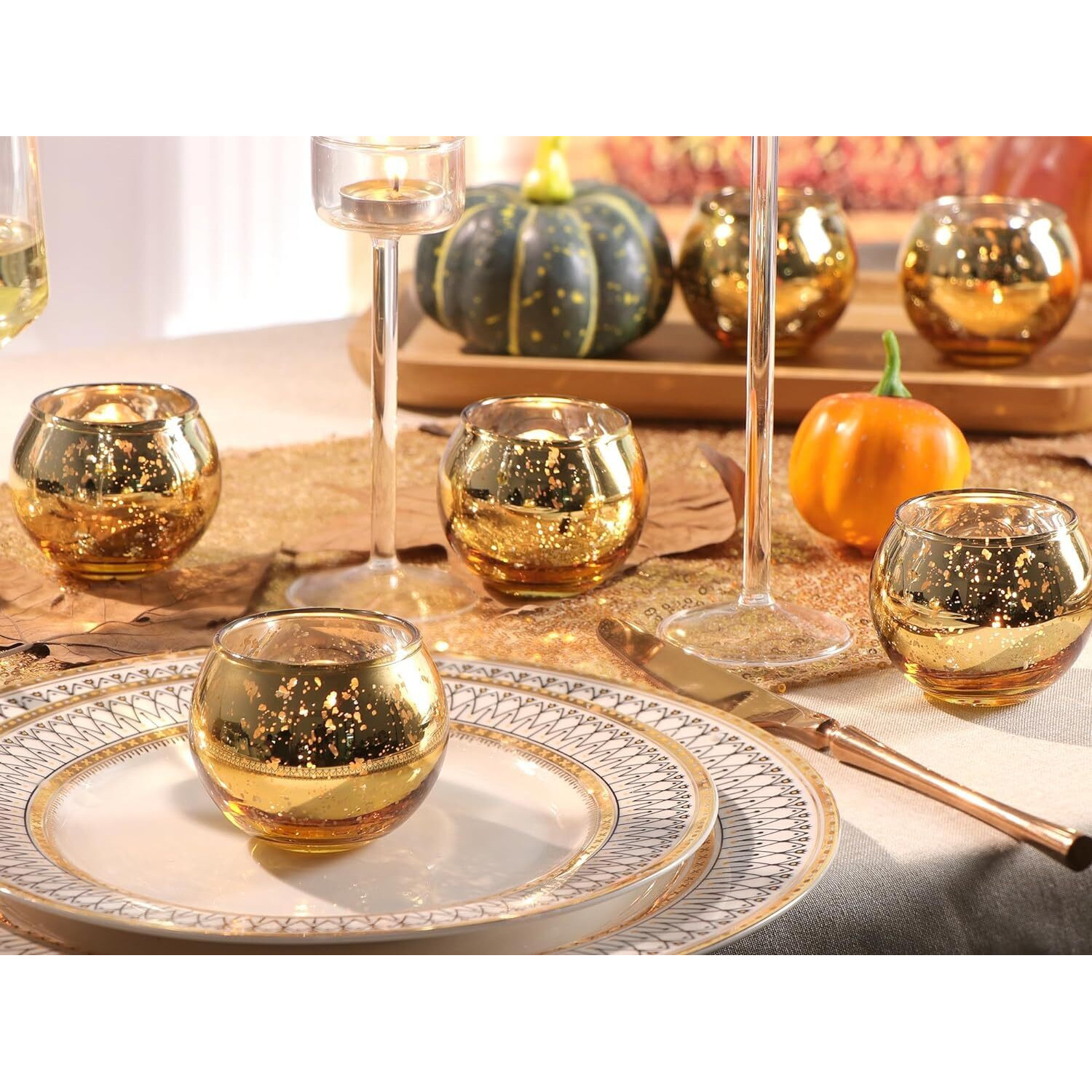 The Purple Tree Mercury Glass Mosaic Tealight Candle Holders for Diwali Christmas (Pack of 2, Gold), Diwali Tealight, Corporate Gifts, Home Decor Gift Item, Diwali Candle Decoration
