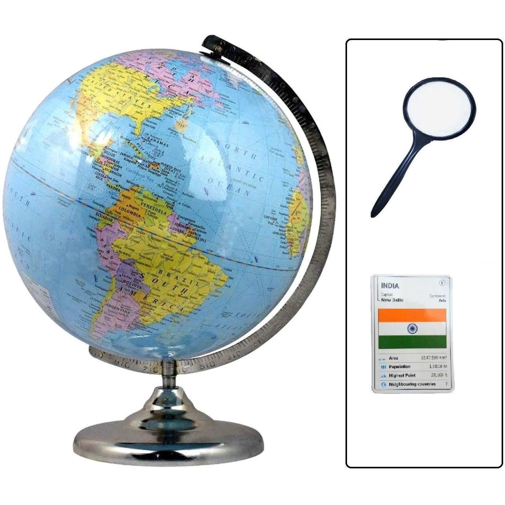 GeoKraft Political Educational Laminated 12 Inch Large Globe with Magnifying Glass /Steel Finish Arc and Base / World Globe / Home Decor / Office Decor / Gift Item (Blue,Pack of 1 set)