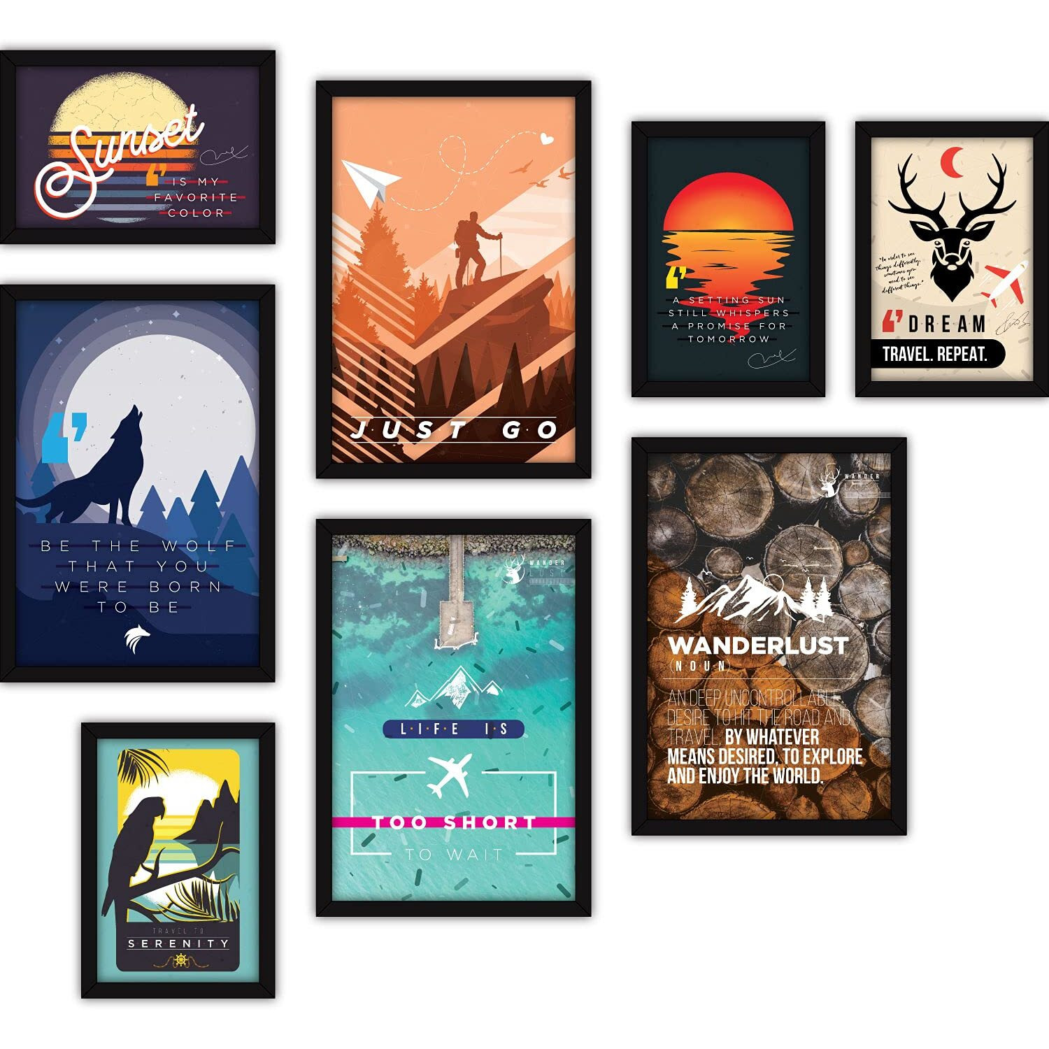 FATMUG Synthetic Framed Wall Paintings For Room Home Decor - Travel Posters, With Glass, Multicolour - Set Of 8