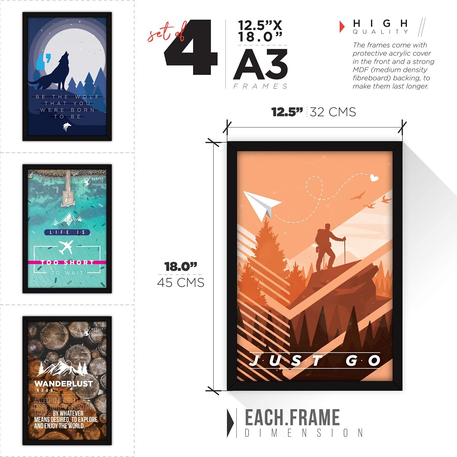 FATMUG Synthetic Framed Wall Paintings For Room Home Decor - Travel Posters, With Glass, Multicolour - Set Of 8