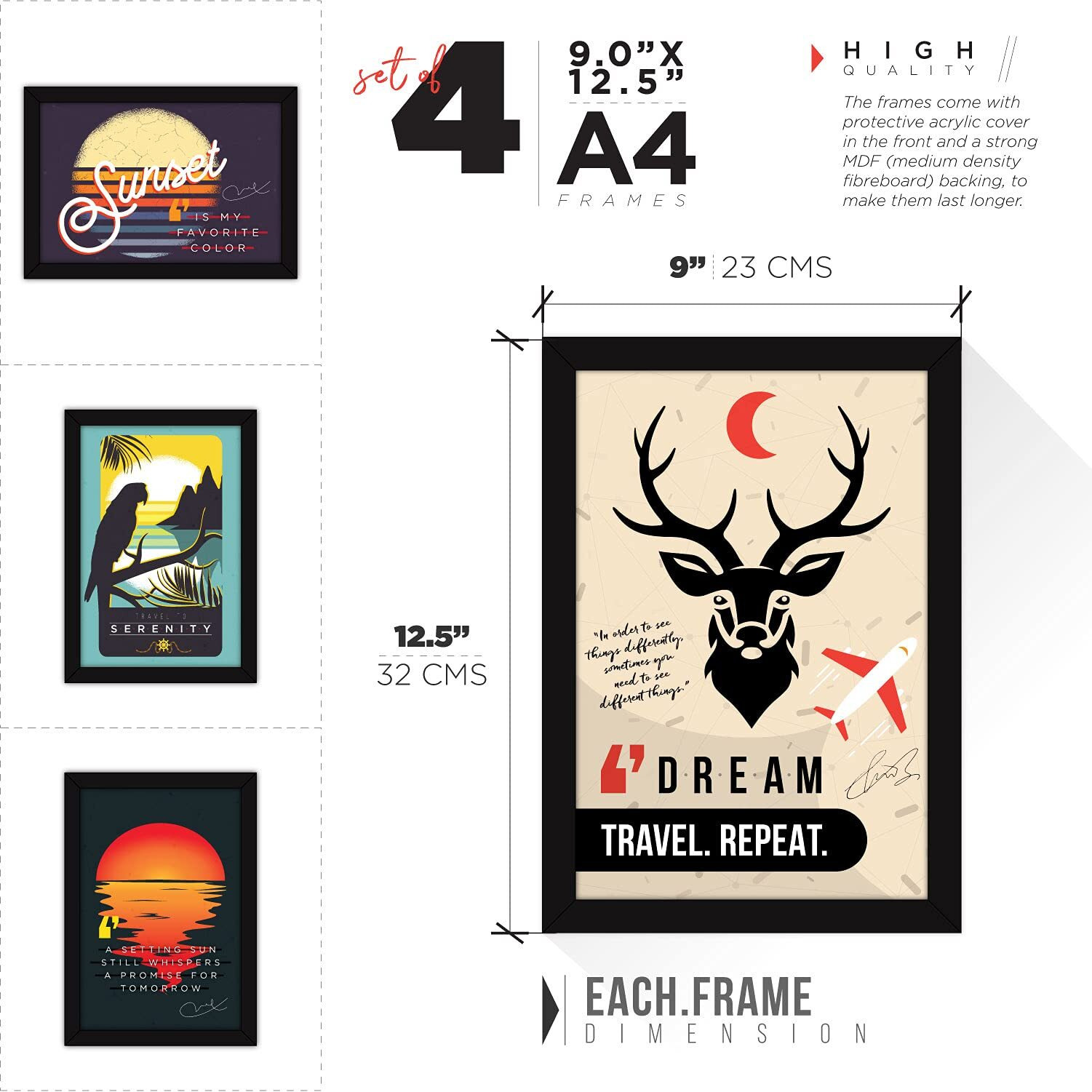 FATMUG Synthetic Framed Wall Paintings For Room Home Decor - Travel Posters, With Glass, Multicolour - Set Of 8
