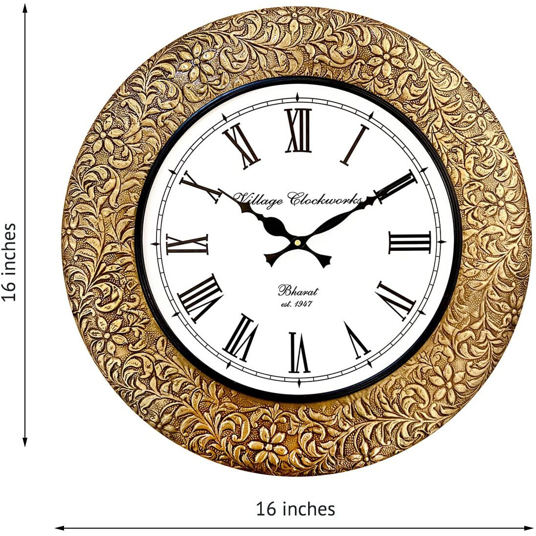 RoyalsCart Emboss Metal Analog Wall Clock For Elegant Home Decor, Office, School, Gym, Shop And Gifting || Clock Size - 16 X 16 Inches [Ktwc255], Gold