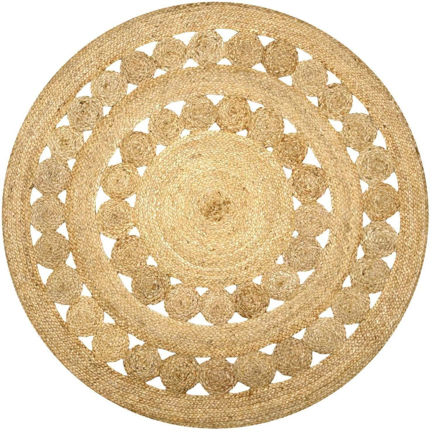 Fernish Decor Jute Round Rug - Braided Reversible Rug for Living Room Bedroom | Rings Design (Beige, 4 Feet / 120 CM Round)