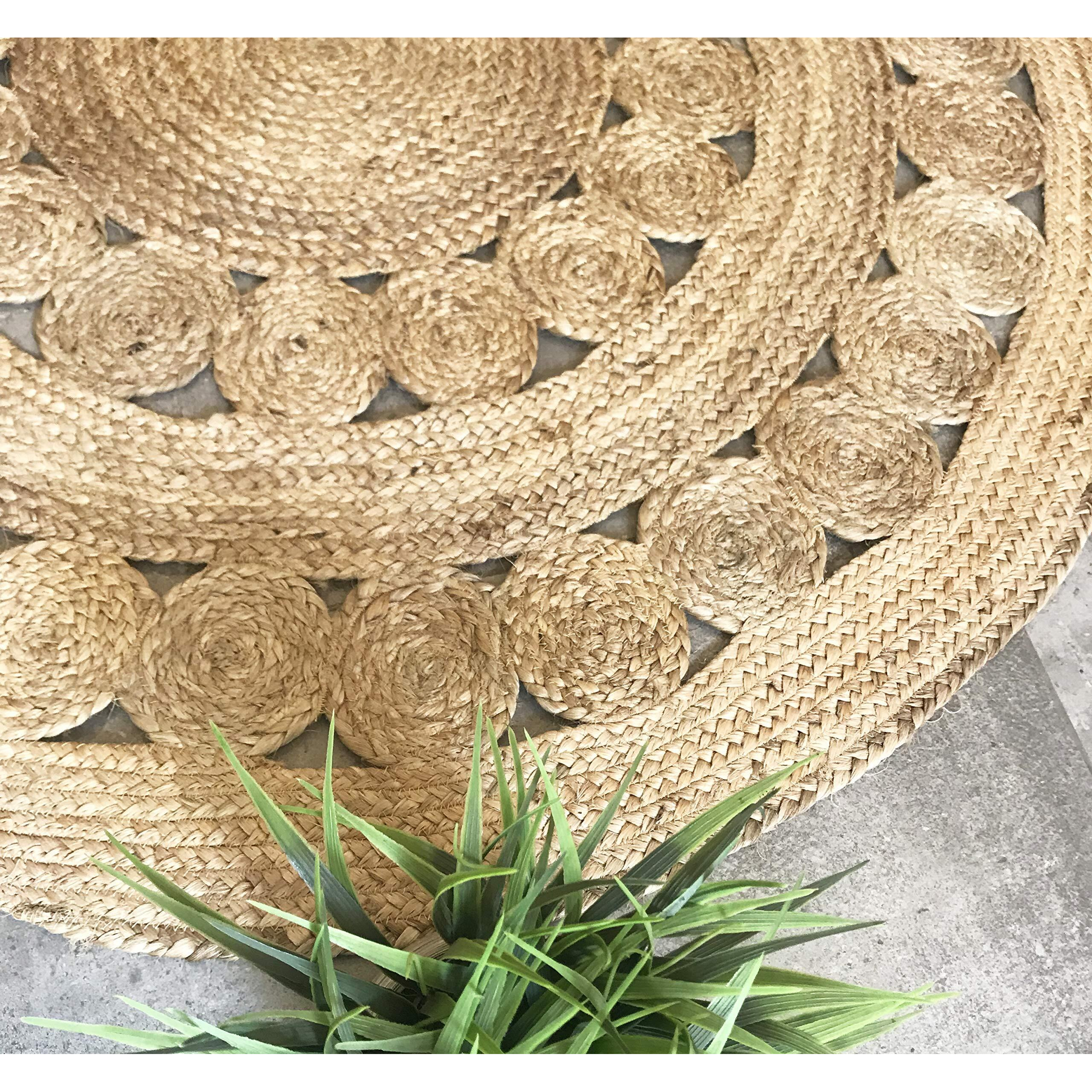 Fernish Decor Jute Round Rug - Braided Reversible Rug for Living Room Bedroom | Rings Design (Beige, 4 Feet / 120 CM Round)