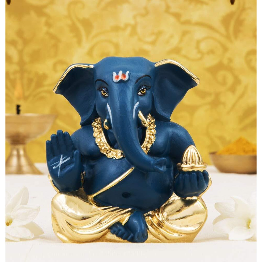Gold Art India Car Dashboard Idol, 7 x 4 x 6 cm, Gold Dark Blue Ganesh Idol for Car Dashboard Ganesha Murti Ganpati Idol for Home Decor Puja Lord Ganesh Statue Gift for Office Desk Puja Room Figurine