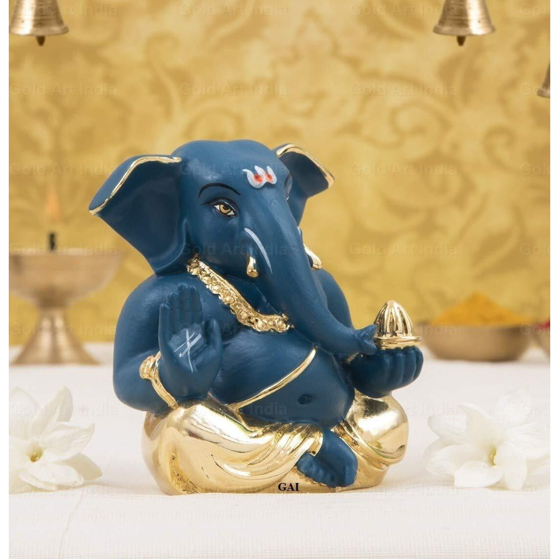 Gold Art India Car Dashboard Idol, 7 x 4 x 6 cm, Gold Dark Blue Ganesh Idol for Car Dashboard Ganesha Murti Ganpati Idol for Home Decor Puja Lord Ganesh Statue Gift for Office Desk Puja Room Figurine