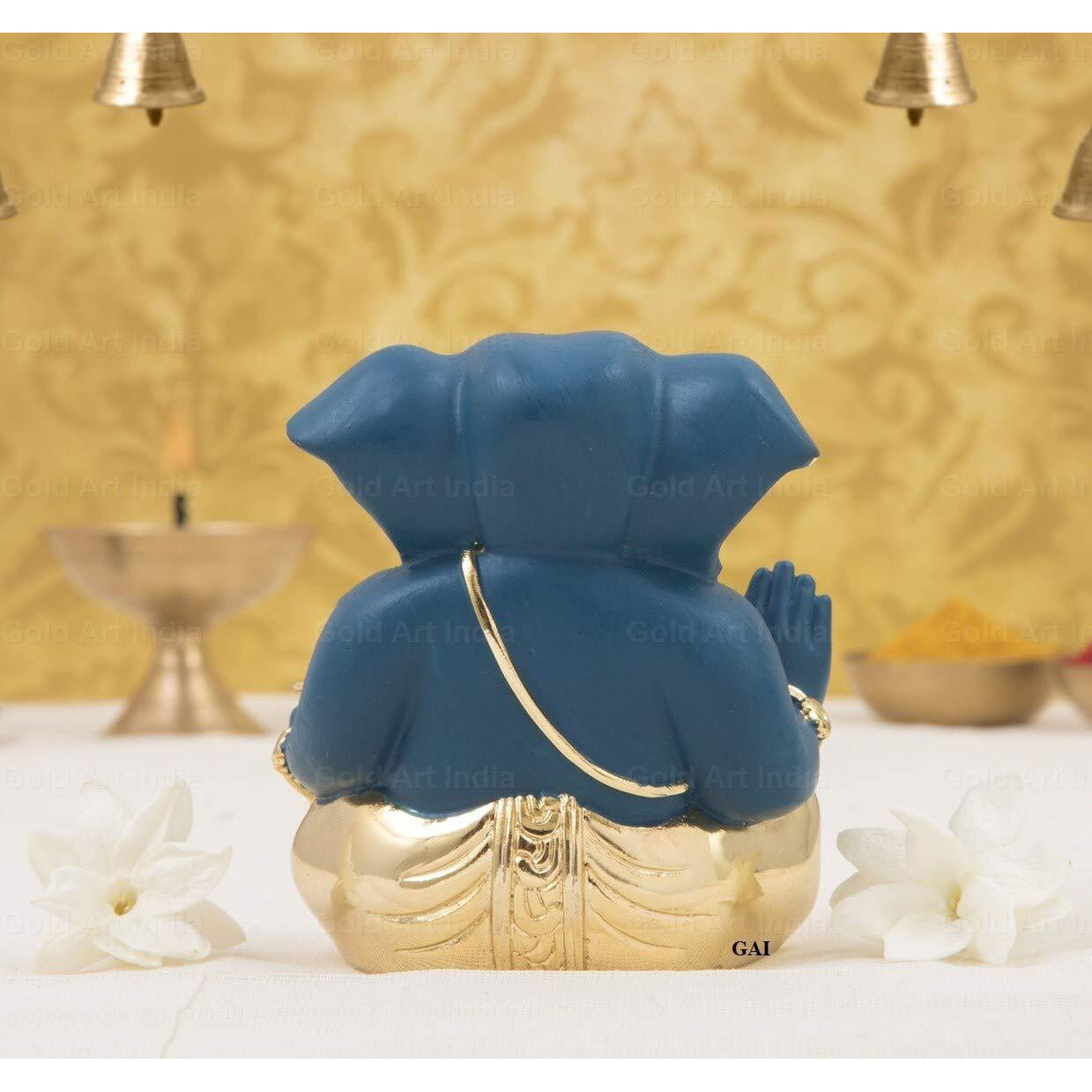 Gold Art India Car Dashboard Idol, 7 x 4 x 6 cm, Gold Dark Blue Ganesh Idol for Car Dashboard Ganesha Murti Ganpati Idol for Home Decor Puja Lord Ganesh Statue Gift for Office Desk Puja Room Figurine