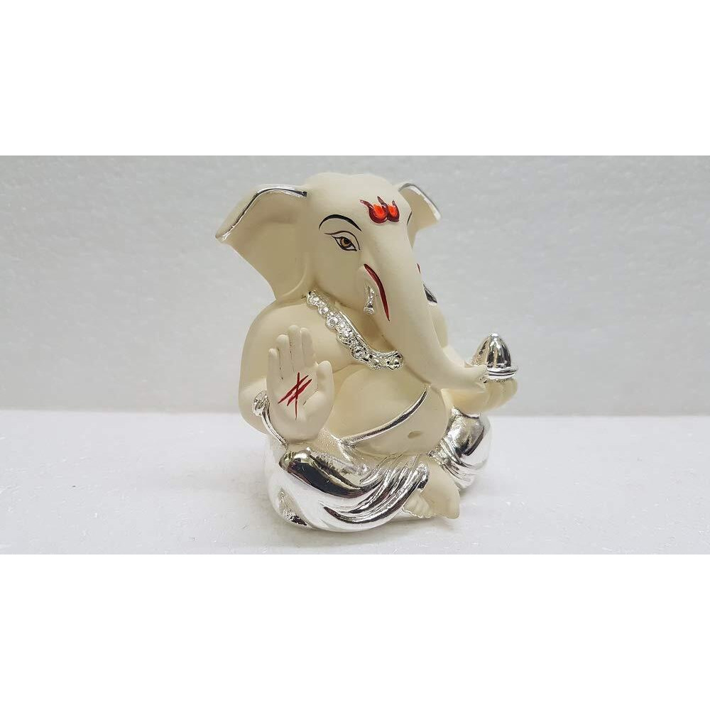 Gold Art India Ceramic Ganesh Idol for Car Dashboard Ganesha Murti Ganpati Idol for Home Decor Puja Lord Ganesh Statue Gift for Office Desk Puja Room Figurine 2 Inches, Silver and Chandan