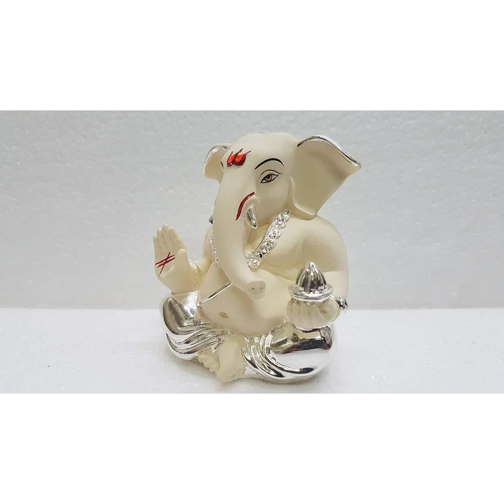 Gold Art India Ceramic Ganesh Idol for Car Dashboard Ganesha Murti Ganpati Idol for Home Decor Puja Lord Ganesh Statue Gift for Office Desk Puja Room Figurine 2 Inches, Silver and Chandan