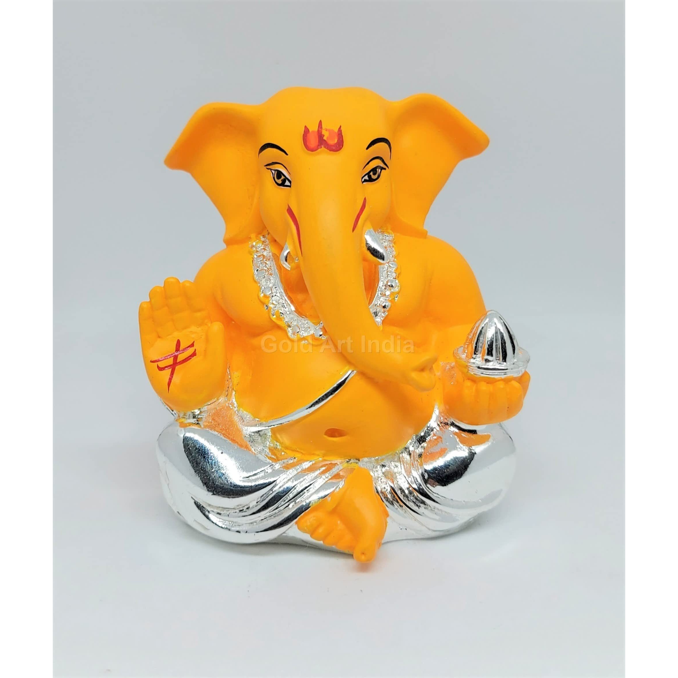 Gold Art India Silver Plated Appu Ganesh With Mango Terracotta (Silver Mango) Ganesh Idol For Car Dashboard Small Ganesha Murti Ganpati Idol For Home Decor Puja Lord Ganesh Statue Gift For Office Desk
