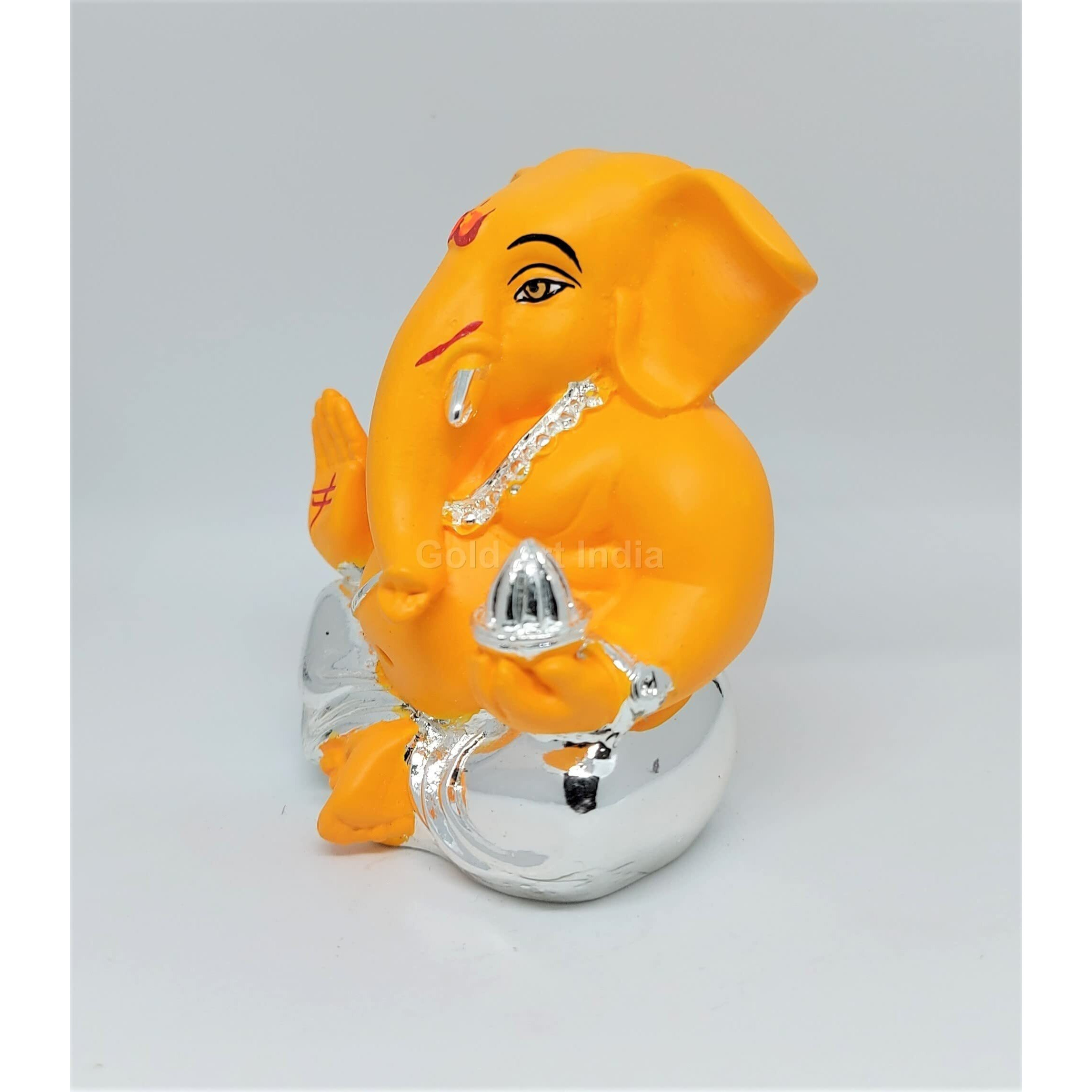 Gold Art India Silver Plated Appu Ganesh With Mango Terracotta (Silver Mango) Ganesh Idol For Car Dashboard Small Ganesha Murti Ganpati Idol For Home Decor Puja Lord Ganesh Statue Gift For Office Desk