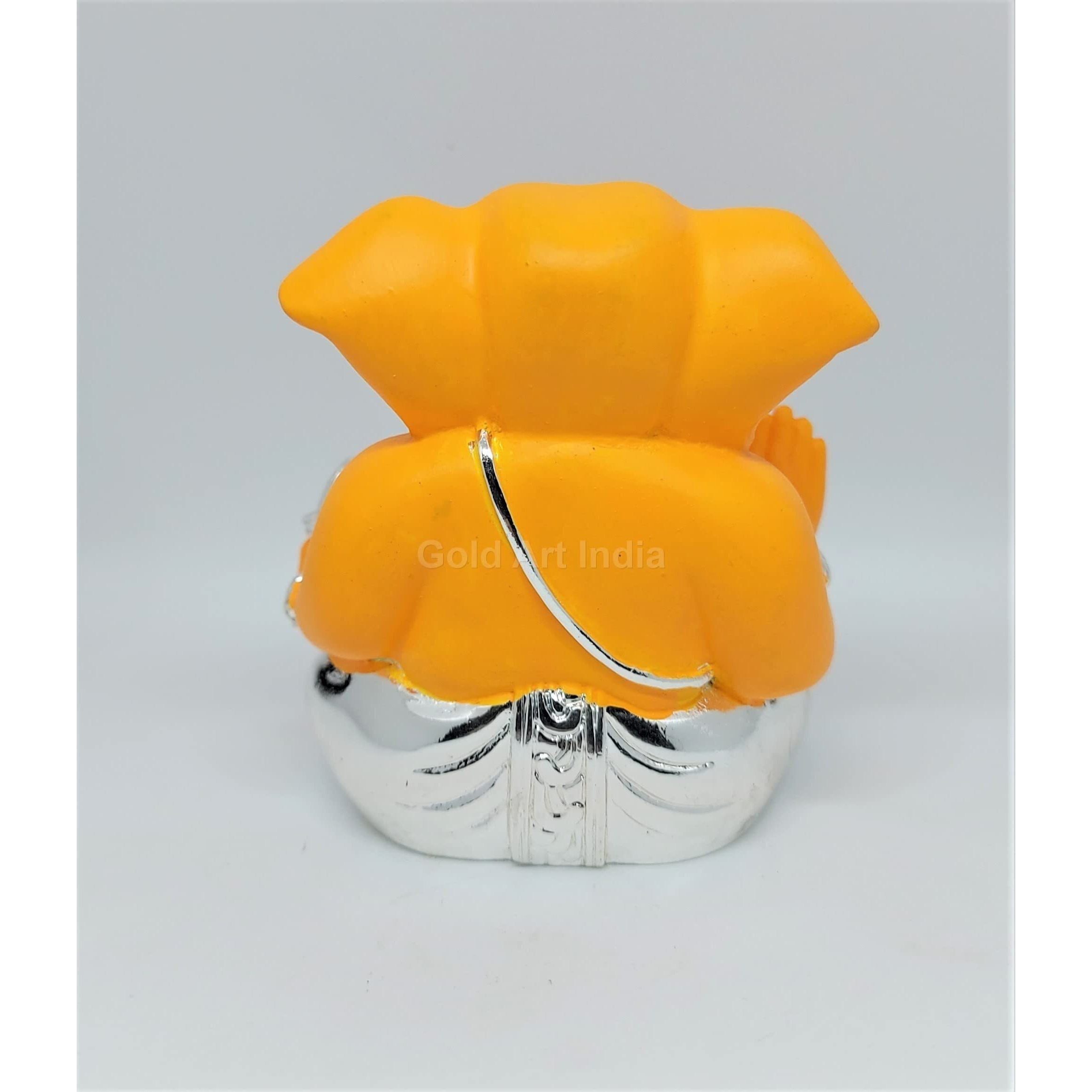 Gold Art India Silver Plated Appu Ganesh With Mango Terracotta (Silver Mango) Ganesh Idol For Car Dashboard Small Ganesha Murti Ganpati Idol For Home Decor Puja Lord Ganesh Statue Gift For Office Desk