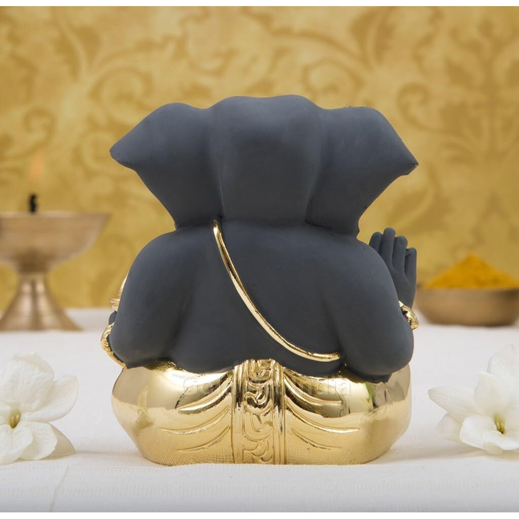 Gold Art India Gold Ceramic Ganesh Idol for Car Dashboard Small Ganesha Murti Ganpati Idol for Home Decor Puja Lord Ganesh Statue Gift for Office Desk Puja Room Figurine 5 X 3 X 4 Cm