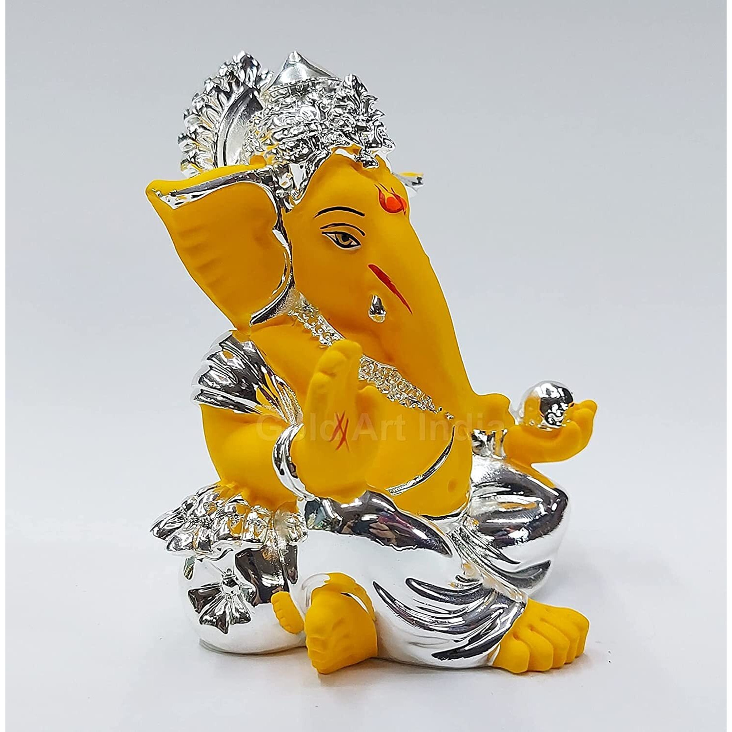 Gold Art India Silver Plated Gaddi Ganesh With Mango Terracotta Ganesh Idol For Car Dashboard Ganesha Murti Ganpati Idol For Home Decor Puja Lord Ganesh Statue Gift For Office Desk Puja Room Figurine