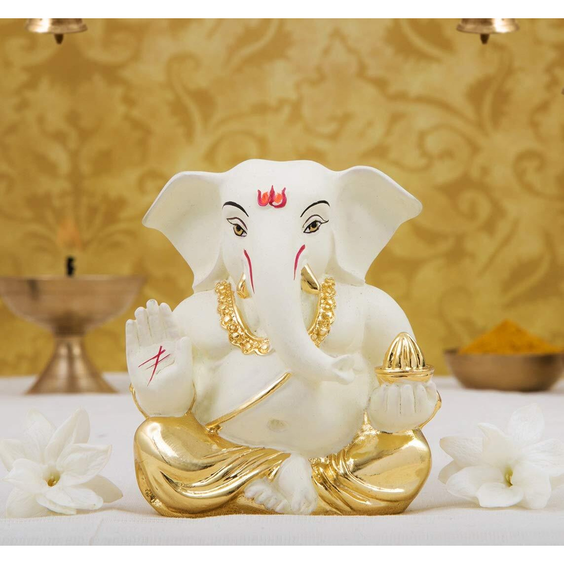 Gold Art India Gold Plated Ceramic Appu Ganesh Idol for Car Dashboard Small Ganesha Murti Ganpati Idol for Home Decor Puja Lord Ganesh Statue Gift for Office Desk Puja Room Figurine 6X4 Cm