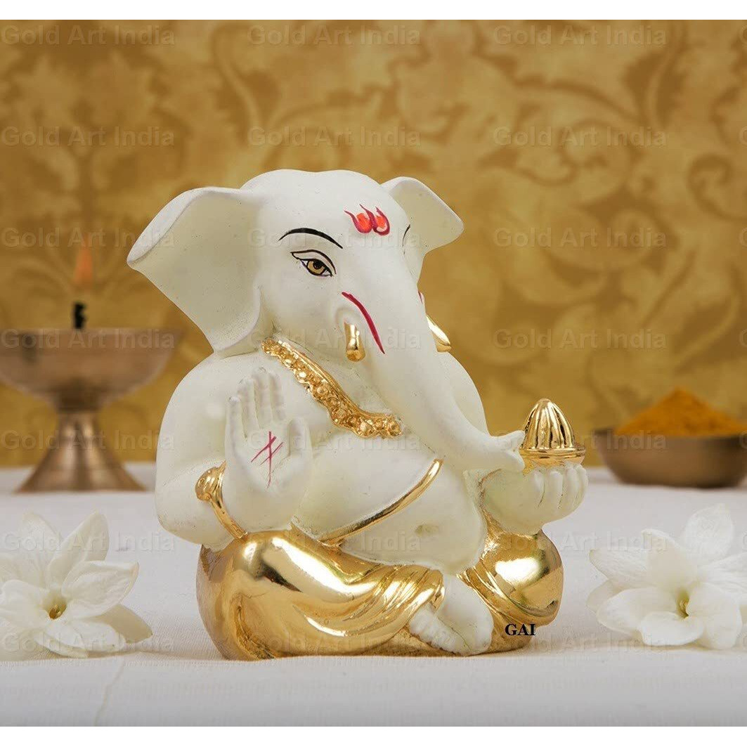 Gold Art India Gold Plated Ceramic Appu Ganesh Idol for Car Dashboard Small Ganesha Murti Ganpati Idol for Home Decor Puja Lord Ganesh Statue Gift for Office Desk Puja Room Figurine 6X4 Cm