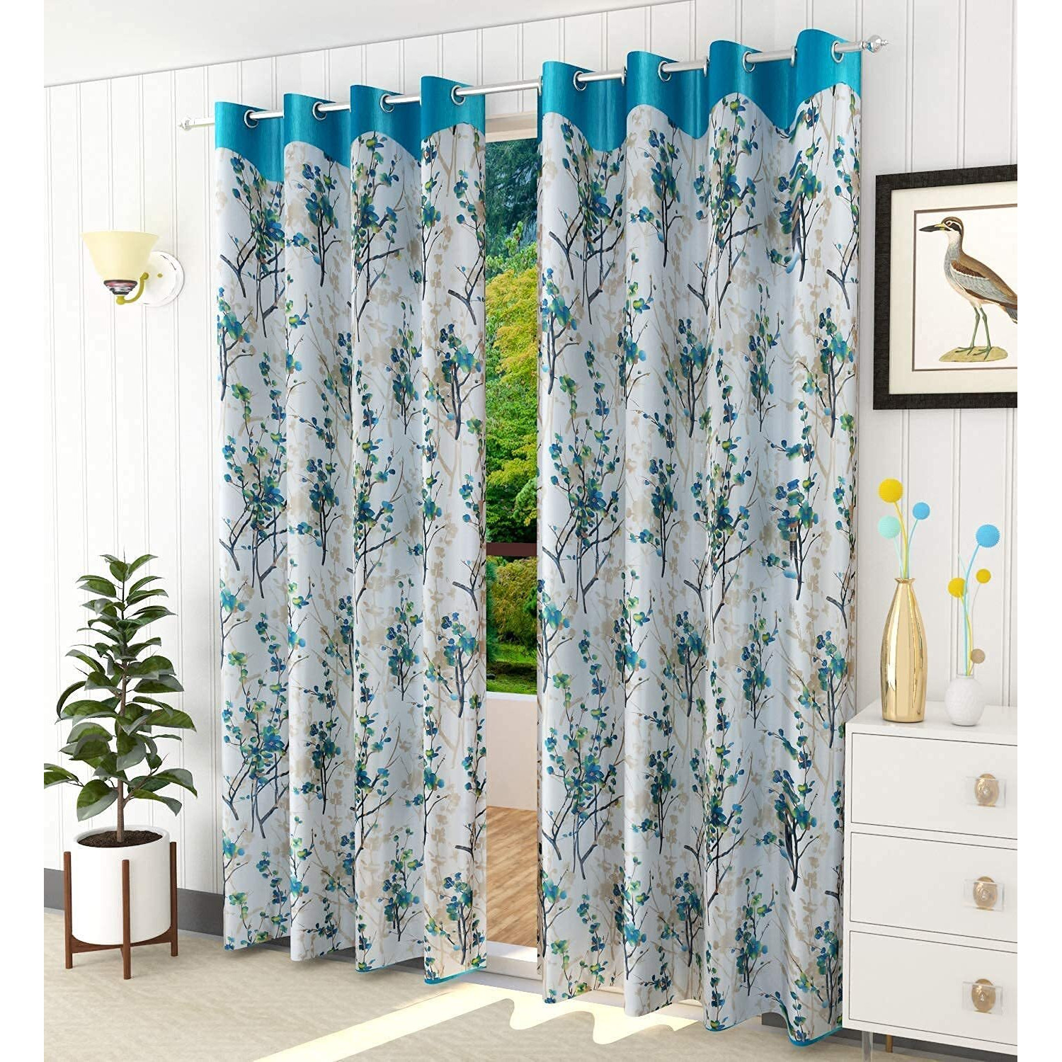Ultica Fab Home Decor Kart 6Ft Grommet Curtains For Window Set Of 3 | Printed Panels And Drapes For Decoration | Curtains For Living Room Kitchen Hall, 4 X 6 Feet, Aqua Patti Joint