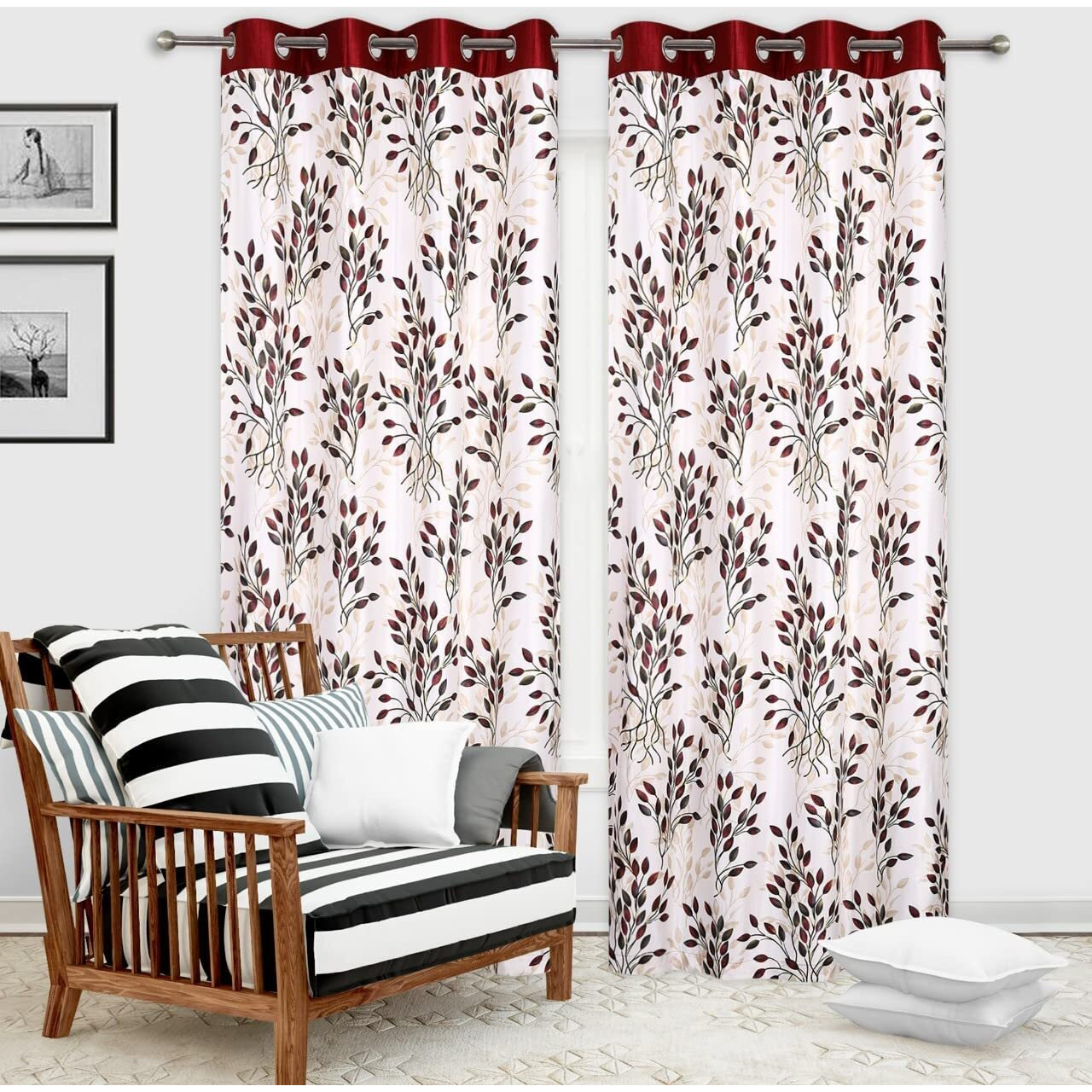 Ultica Fab Home Decor Kart Curtains 8 feet long Set of 2 I Floral Printed Curtains for Living Room, Home, Office, Bedroom, Kitchen Hall, 4 x 8 Feet, Maroon New Leaf