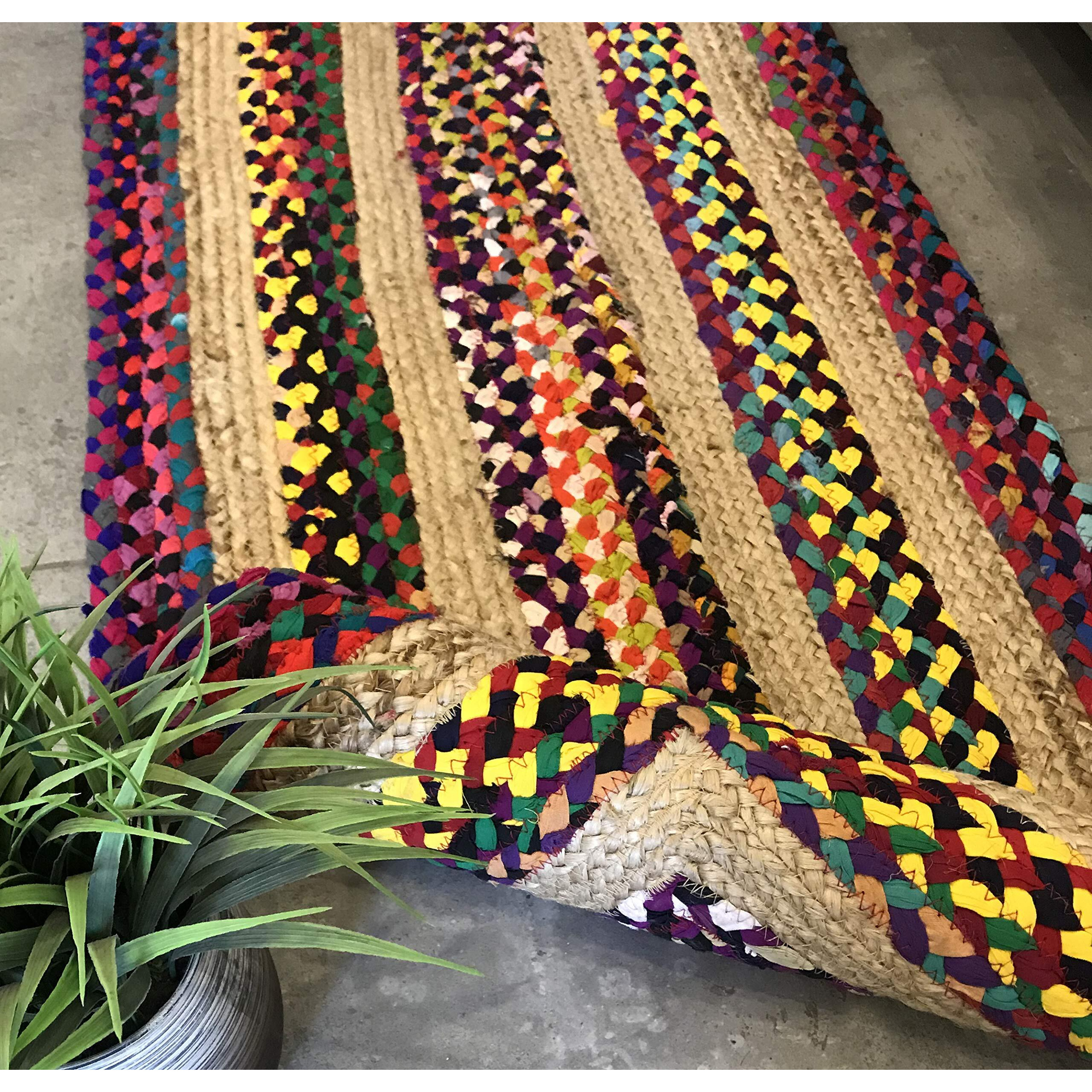 Fernish Decor Handwoven Cotton and Jute, Braided Reversible Carpet for Bedroom Living Room, Dining Room (Multicolour, 2x5 Feet)