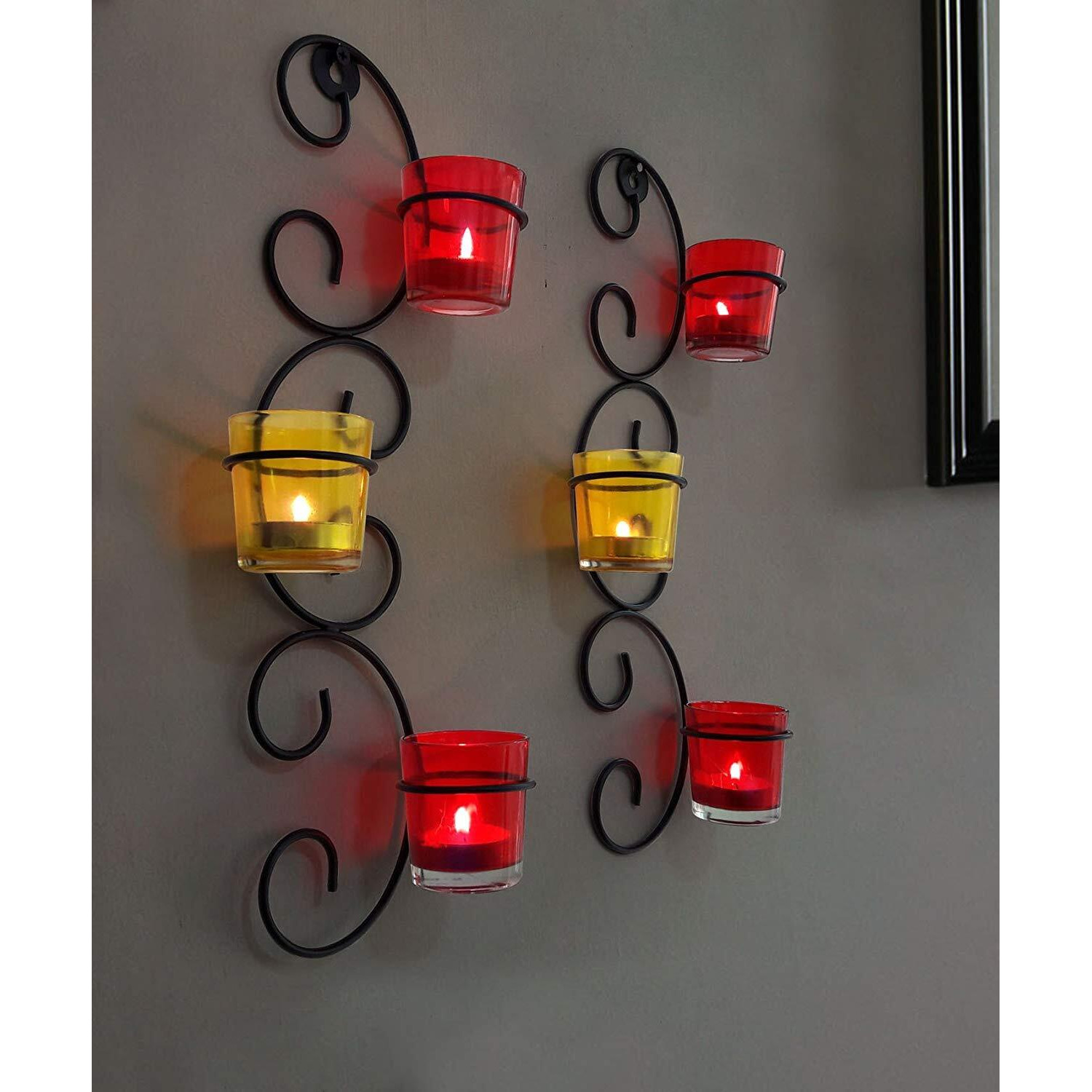 TIED RIBBONS Set of 2 Wall Hanging Tealight Candle Holder Metal Wall Sconce with Glass Cups - Decorations Items for Home Wall Decor Restaurant Gifts (Pack of 2)