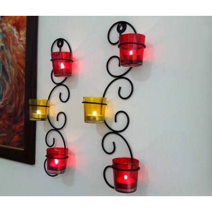 TIED RIBBONS Set of 2 Wall Hanging Tealight Candle Holder Metal Wall Sconce with Glass Cups - Decorations Items for Home Wall Decor Restaurant Gifts (Pack of 2)