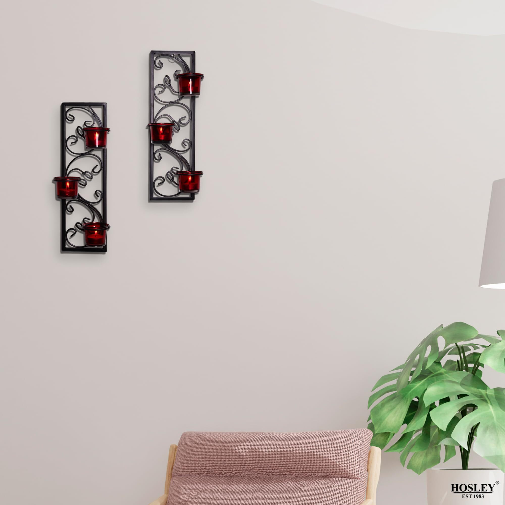HOSLEY Metal Red Glass Tealight Candle Holders| Wall Sconce Candle Holders| Hanging Wall Mounted Holders|Perfect for Home Decor Dining Room Bedroom| Pack of 2 with Pack of 6 Tealights(Black)