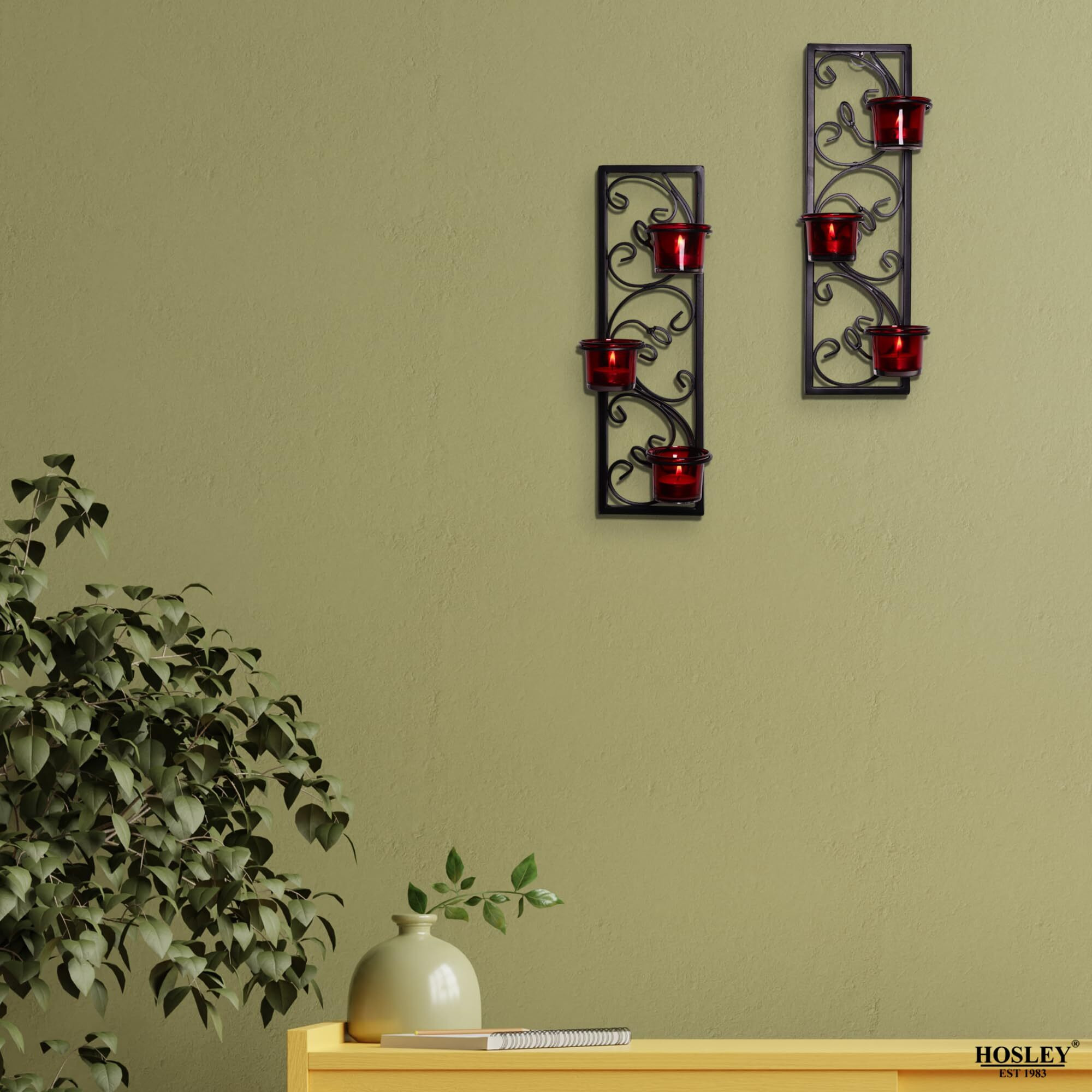 HOSLEY Metal Red Glass Tealight Candle Holders| Wall Sconce Candle Holders| Hanging Wall Mounted Holders|Perfect for Home Decor Dining Room Bedroom| Pack of 2 with Pack of 6 Tealights(Black)