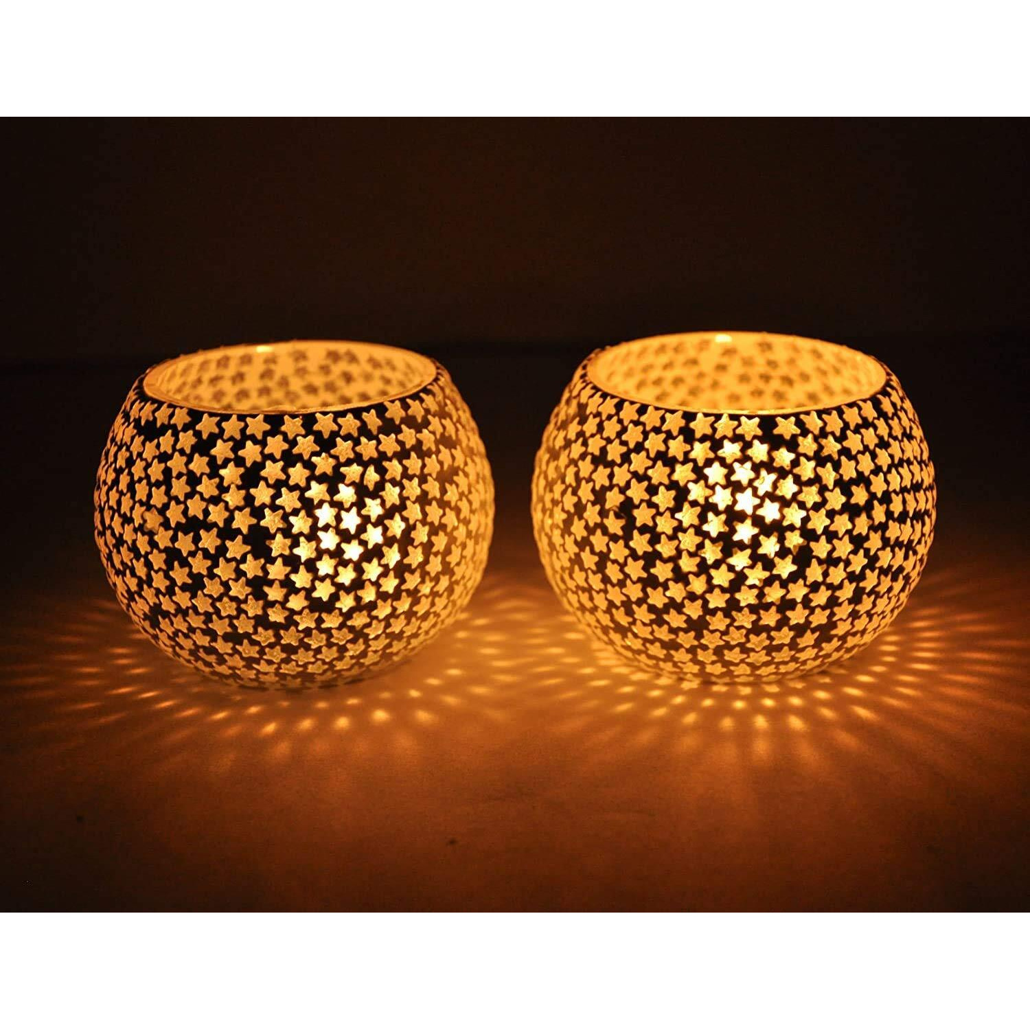 TIED RIBBONS Pack of 2 Turkish Mosaic Glass Votive Tealight Candle Holders - Decorations Items for Home Table Decor Gifts (Glass)