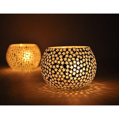 TIED RIBBONS Pack of 2 Turkish Mosaic Glass Votive Tealight Candle Holders - Decorations Items for Home Table Decor Gifts (Glass)