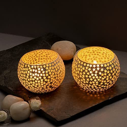 TIED RIBBONS Pack of 2 Turkish Mosaic Glass Votive Tealight Candle Holders - Decorations Items for Home Table Decor Gifts (Glass)