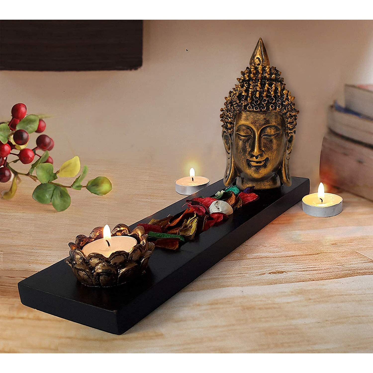 TIED RIBBONS Buddha Head Statue Tealight Candle Holder with Tray Set - Decoration Items for Home Decor Mandir Temple Pooja Room Living Room Table Office Decorative Gifts
