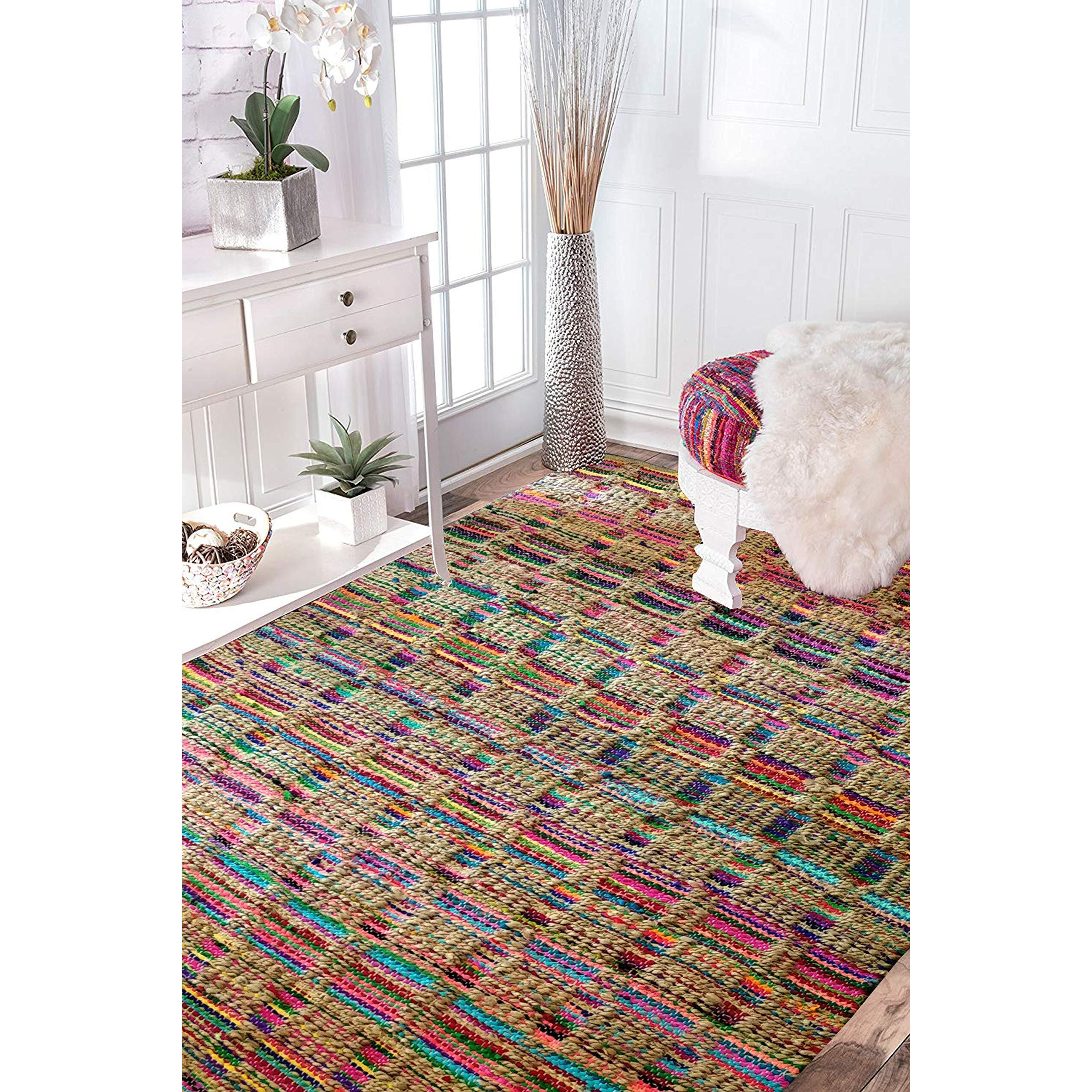 Fernish Decor Jute Cotton Handwoven Rug/Carpet for Bedroom/Living Room | Multicolor Box Pattern (5x8 Feet)