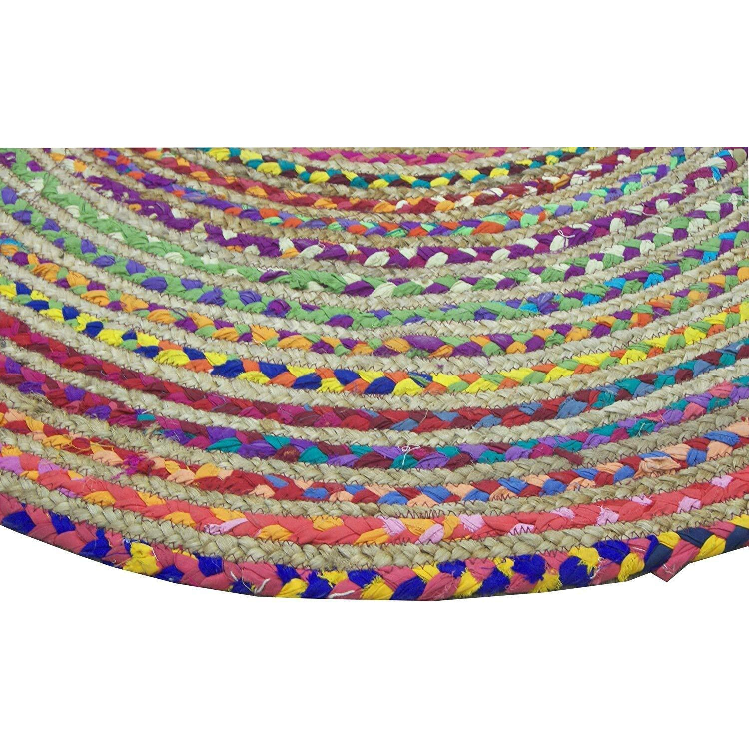 Fernish Decor Jute Cotton Braided Reversible Rug for Living Room Bedroom Kitchen Entryway | Boho Stylish Multicolor Mat (120 CM Round)