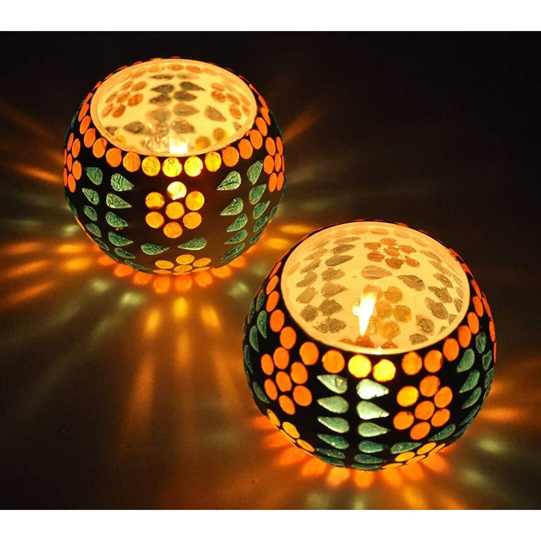 TIED RIBBONS Pack of 2 Turkish Mosaic Glass Votive Tealight Candle Holders for Table - Decorations Items for Home Decor Living Room Bedroom Office Gifting (Mosaic Glass)