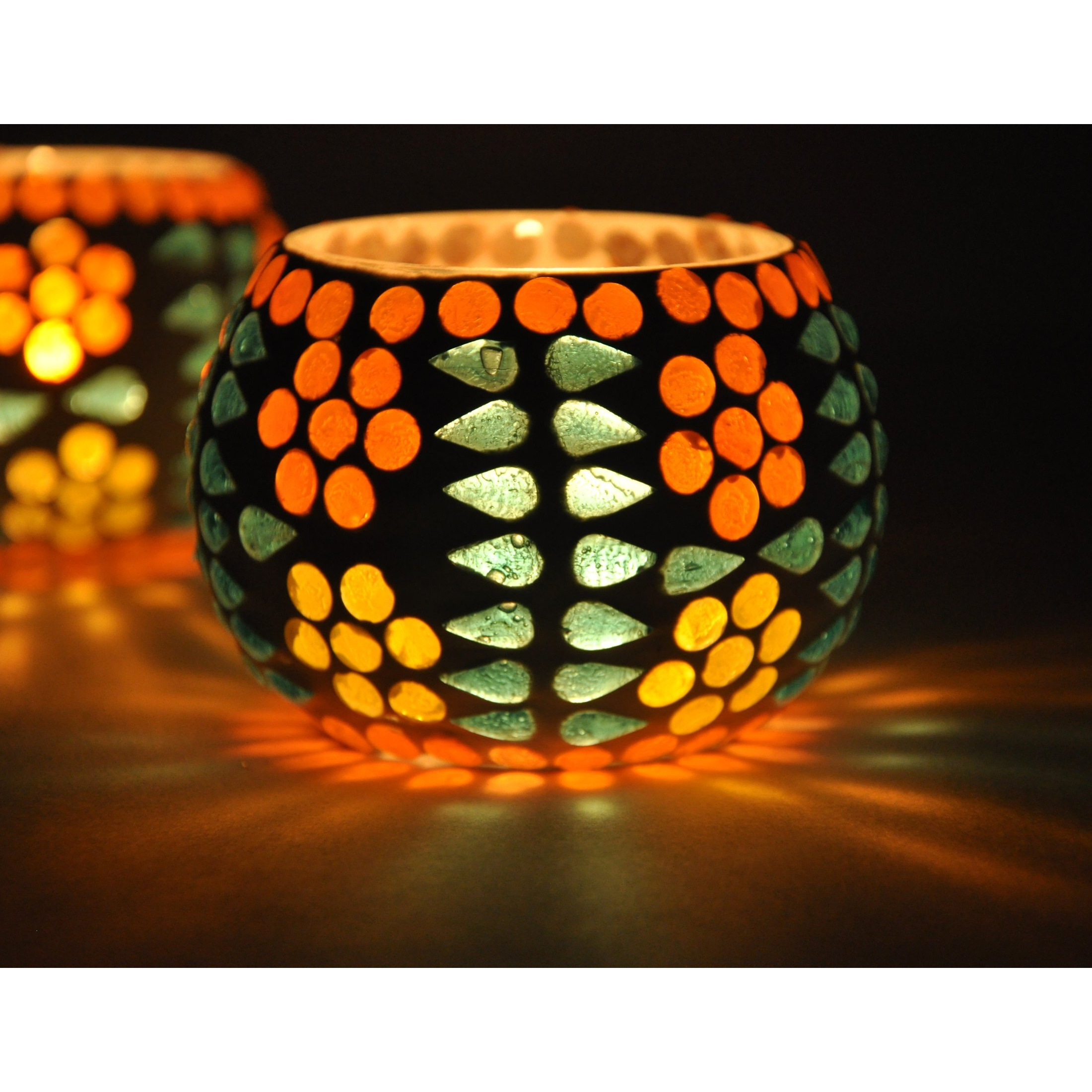 TIED RIBBONS Pack of 2 Turkish Mosaic Glass Votive Tealight Candle Holders for Table - Decorations Items for Home Decor Living Room Bedroom Office Gifting (Mosaic Glass)