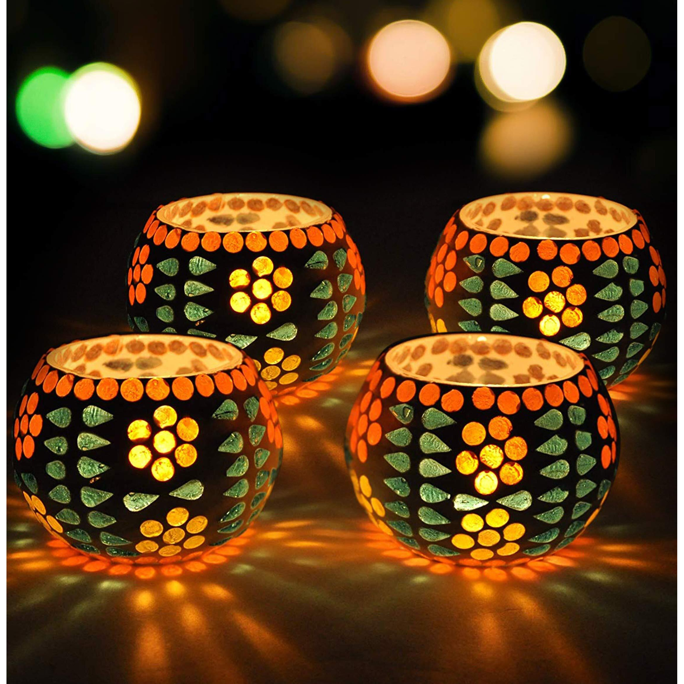 TIED RIBBONS Pack of 4 Turkish Mosaic Glass Votive Tealight Candle Holders for Table Top - Christmas Decorations Items for Home Decor Office Xmas Gifts (Pack of 4, Glass)