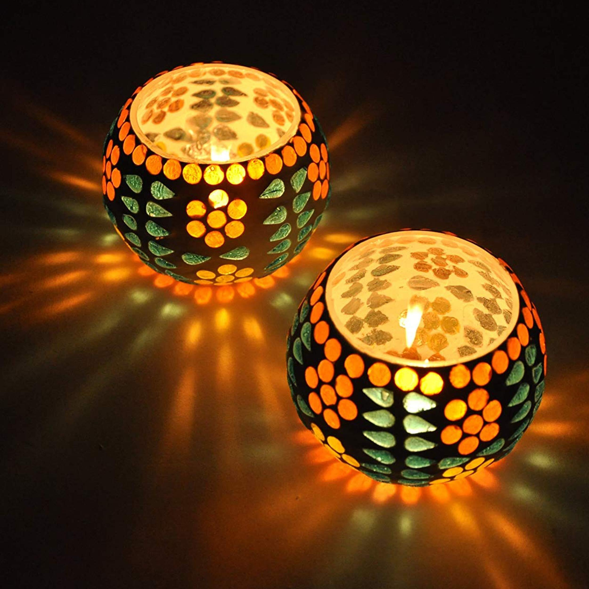 TIED RIBBONS Pack of 4 Turkish Mosaic Glass Votive Tealight Candle Holders for Table Top - Christmas Decorations Items for Home Decor Office Xmas Gifts (Pack of 4, Glass)