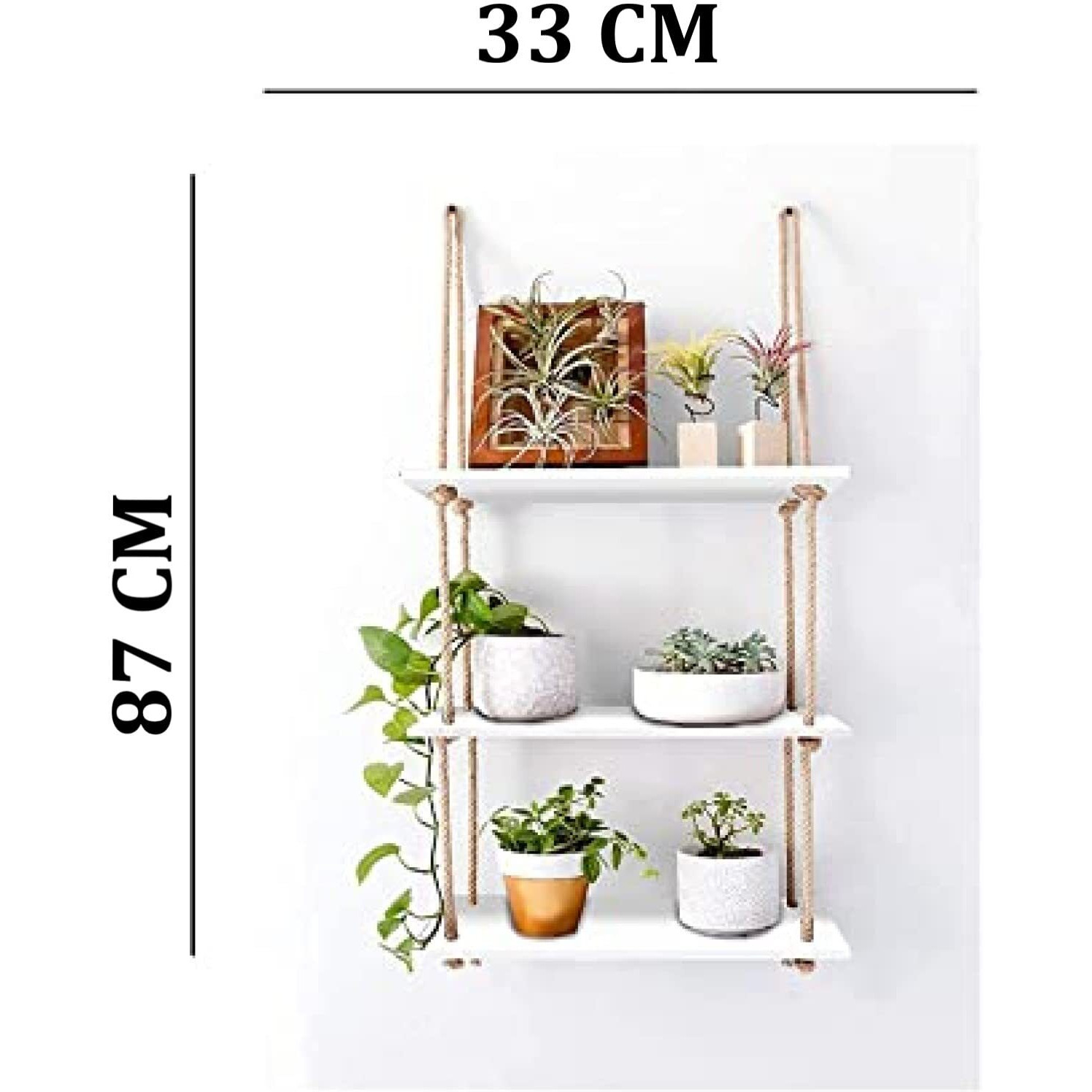VAH Wall Hanging Shelf, White Wood Floating Shelves for Wall Rustic Rope Shelves Plant Shelf Farmhouse Decor for Living Room Bathroom Bedroom Kitchen Apartment -Wood Hanging Shelf Bohemian (3 Tier)