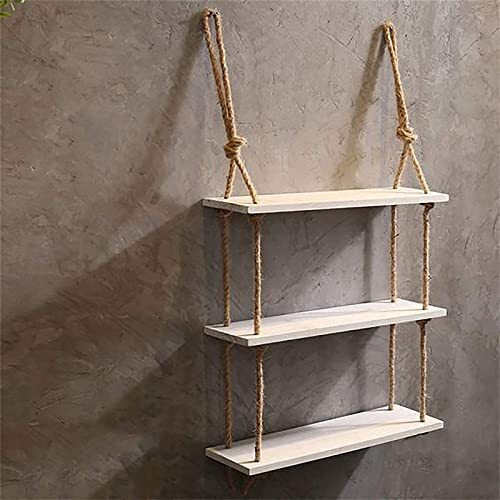 VAH Wall Hanging Shelf, White Wood Floating Shelves for Wall Rustic Rope Shelves Plant Shelf Farmhouse Decor for Living Room Bathroom Bedroom Kitchen Apartment -Wood Hanging Shelf Bohemian (3 Tier)